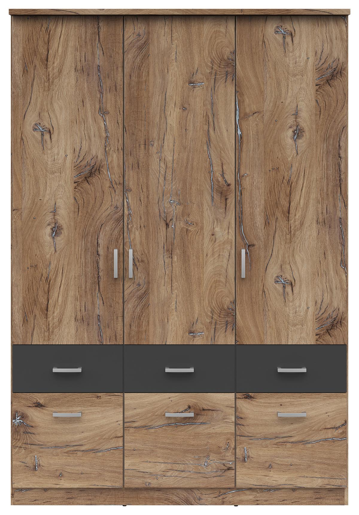 Omara Za Oblačila Brando 3, Hrast, Temno Siva, Š. 136 Cm - srebrne barve/barve hrasta, Konvencionalno, umetna masa/leseni material (136/199/58cm)