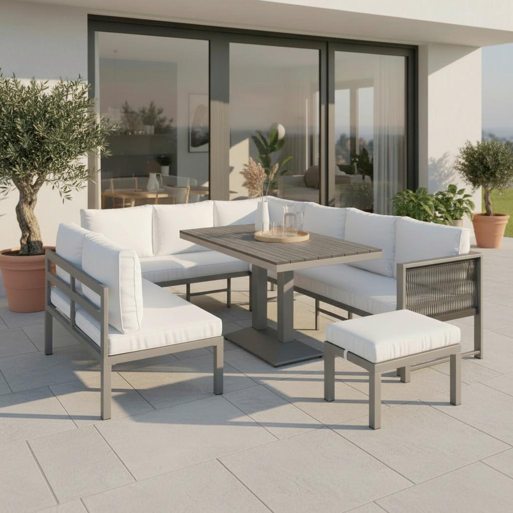 DiningLoungeset Pergolina Weiß Metall/Outdoorstoff - Schwarz/Weiß, MODERN, Kunststoff/Textil (194/245cm) - Bessagi Garden