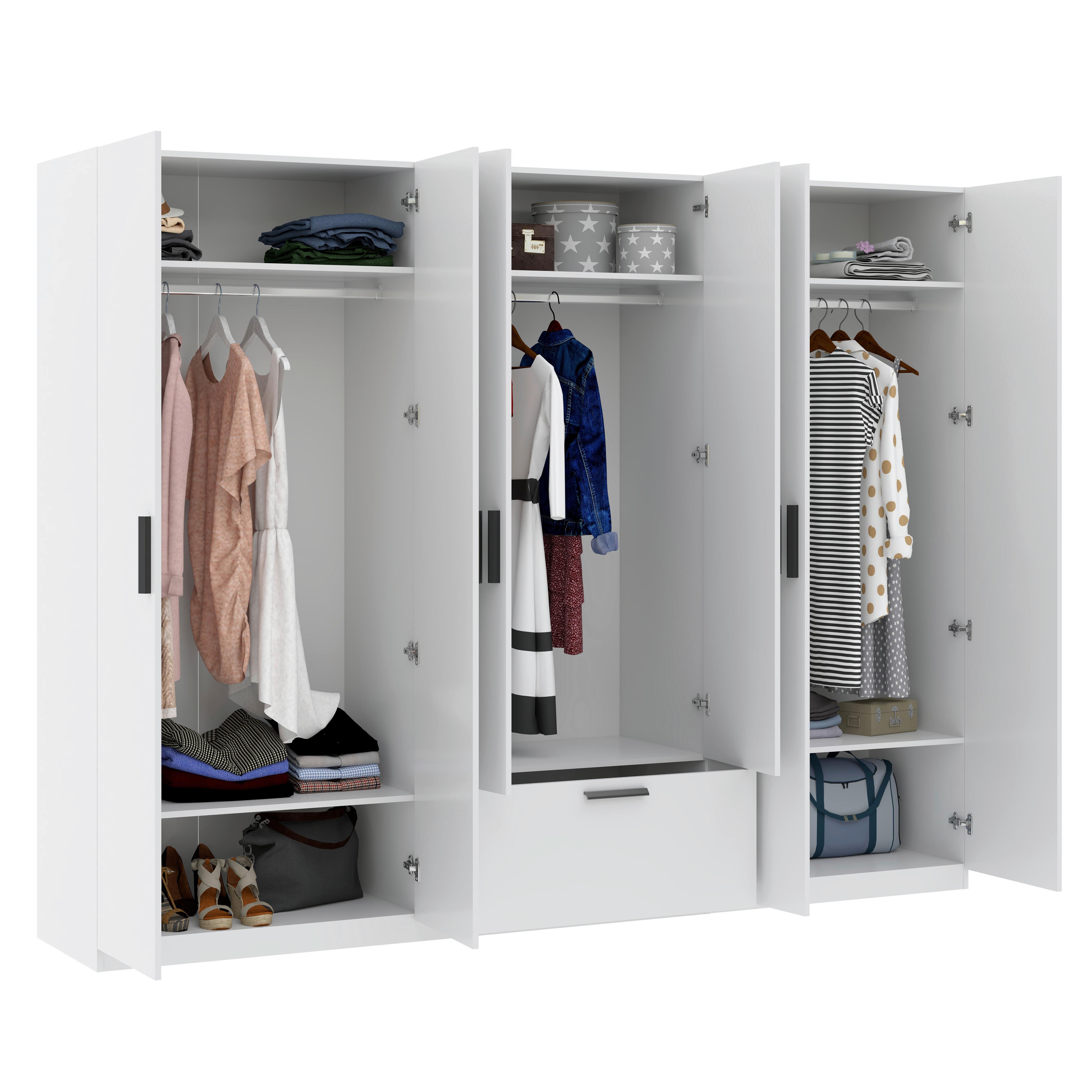 GARDEROB MED GÅNGJÄRNSDÖRRAR MILOS 6T1S - vit/svart, Modern, trämaterial/plast (270/210/54cm) - Mömax