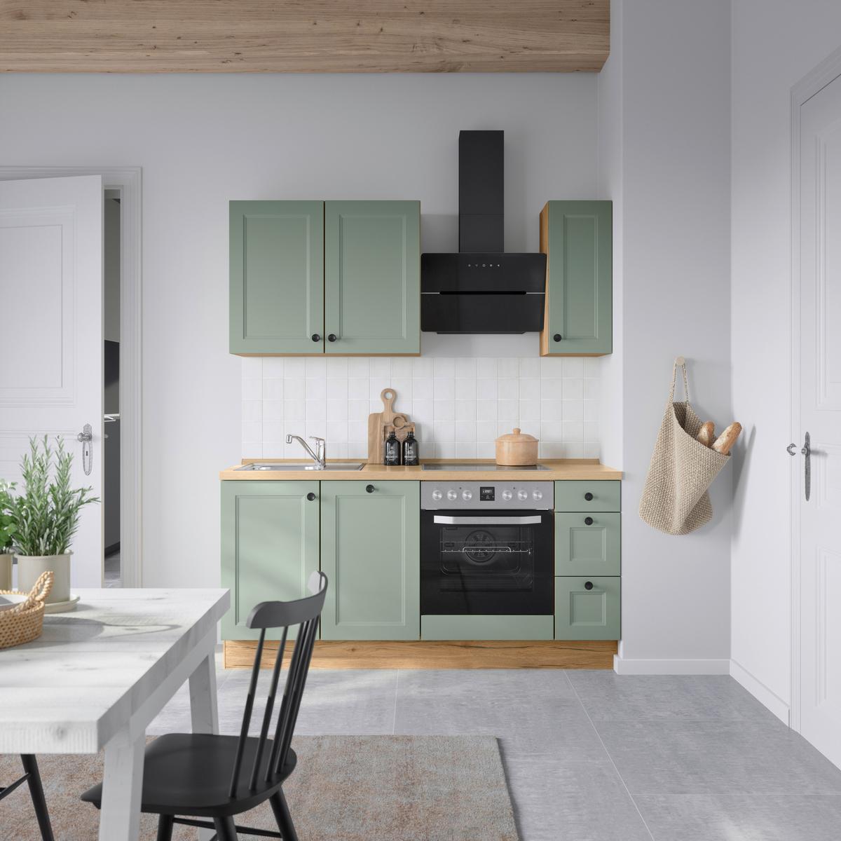 Küchenblock Cascada High m. Geräten Schilfgrün - Schilfgrün/Eichefarben, MODERN, Holzwerkstoff/Metall (180cm) - Nobilia