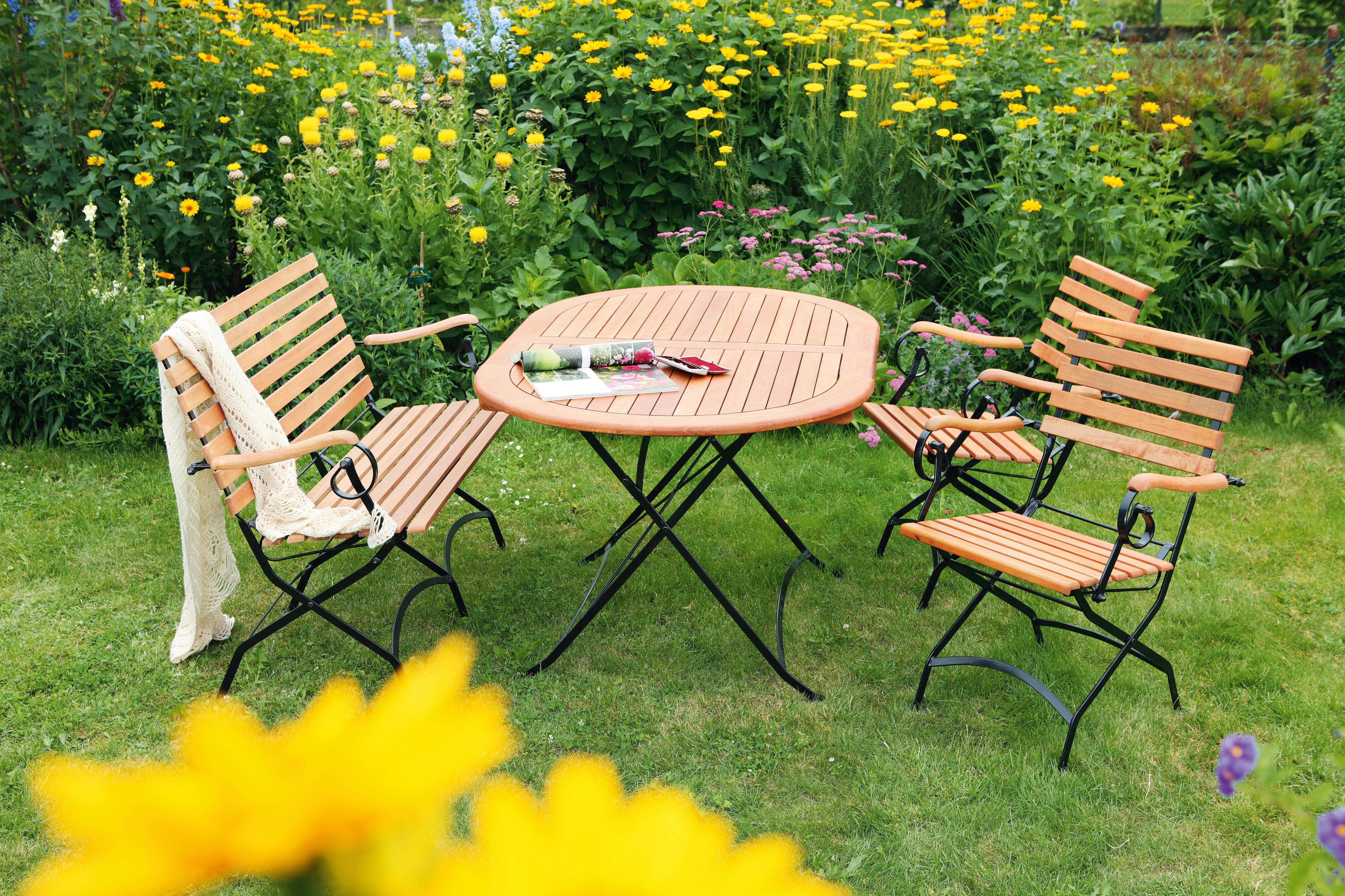 Gartentischgruppe Schlossgarten 5-tlg. Natur - Schwarz/Naturfarben, ROMANTIK / LANDHAUS, Holz/Metall (140/75/90cm) - Gardenson