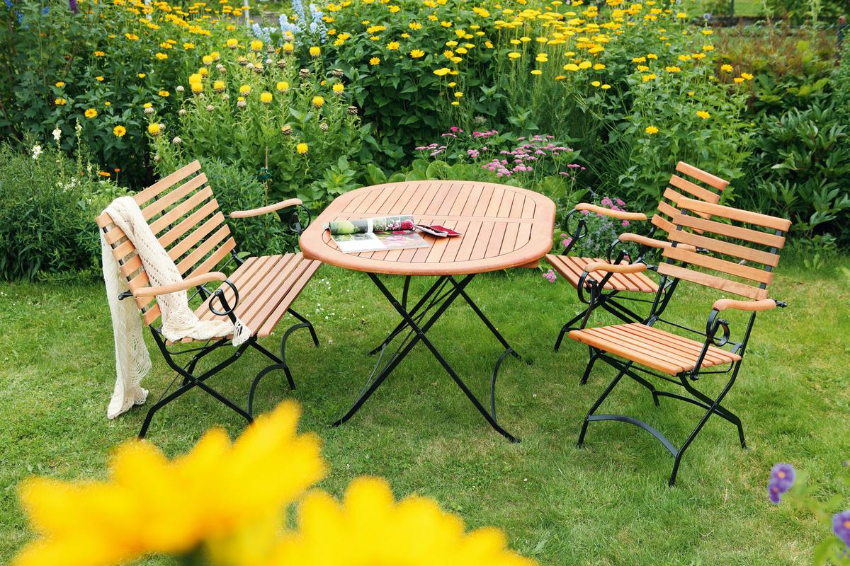 Gartentischgruppe Schlossgarten 5-tlg. Natur - Schwarz/Naturfarben, ROMANTIK / LANDHAUS, Holz/Metall (140/75/90cm) - Gardenson