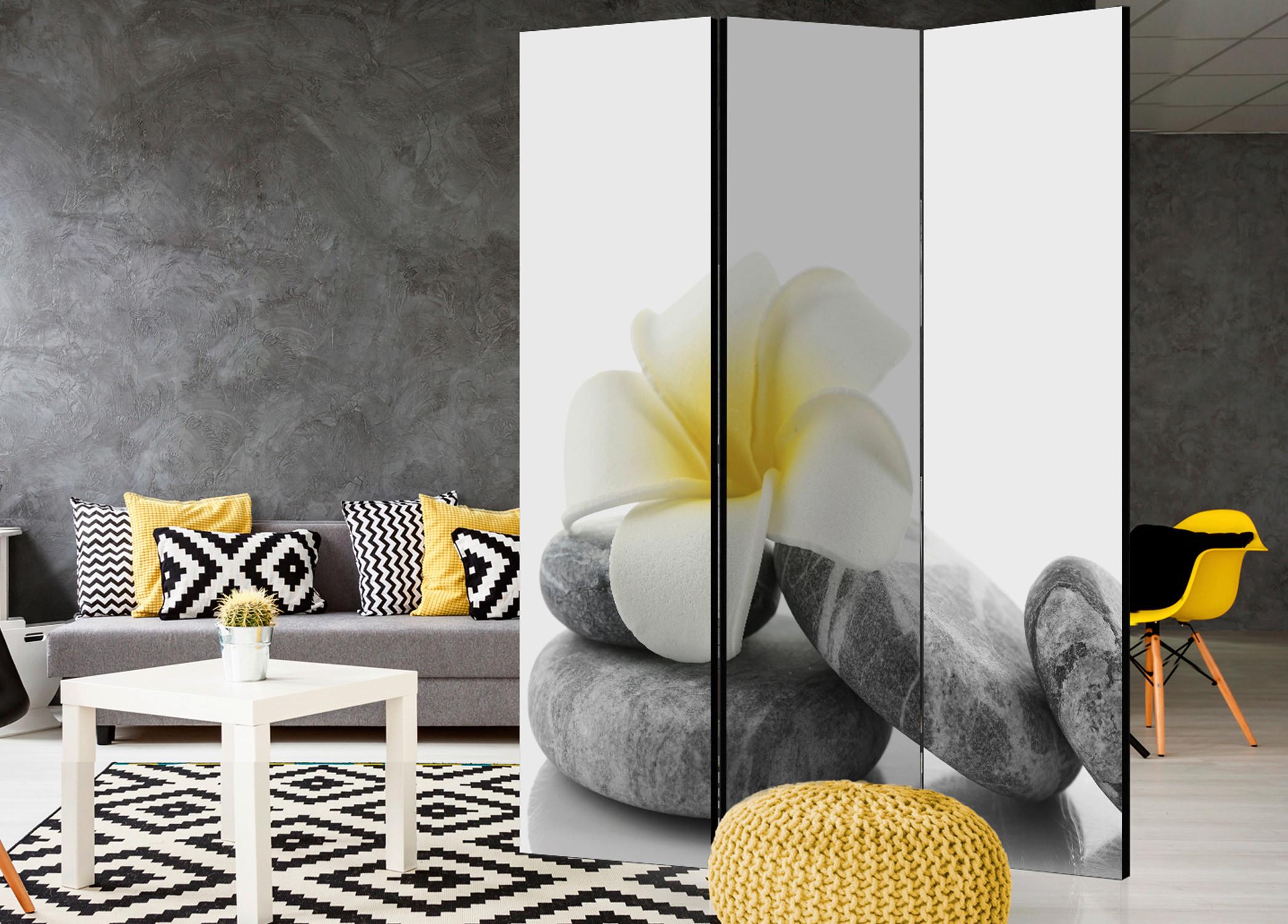 Paravan White Lotus, 3-Delni, Dvostranski - rumena/bela, Basics, tekstil/les (135/172/3cm) - artgeist
