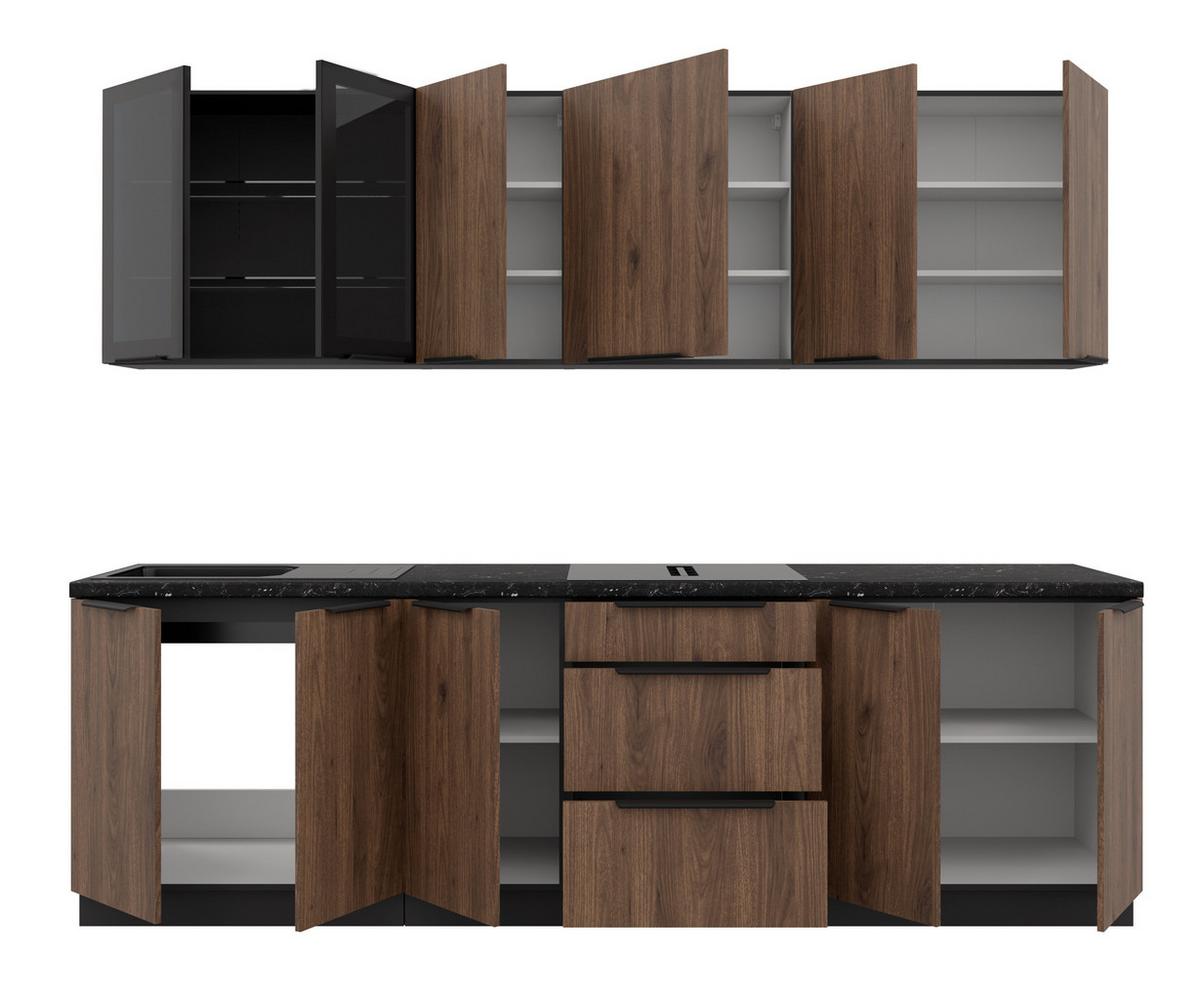 Blok Kuhinja Monza - boja orahovog drveta/crna, Moderno, staklo/metal (260/210/60cm) - Modern Living