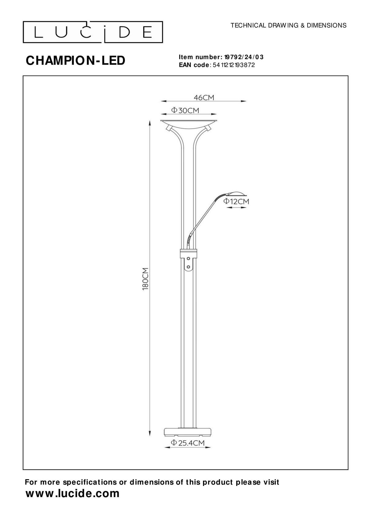 LAMPA STOJĄCA LED 19792/24/03 CHAMPION - Konventionell (30/46/180cm) - Lucide