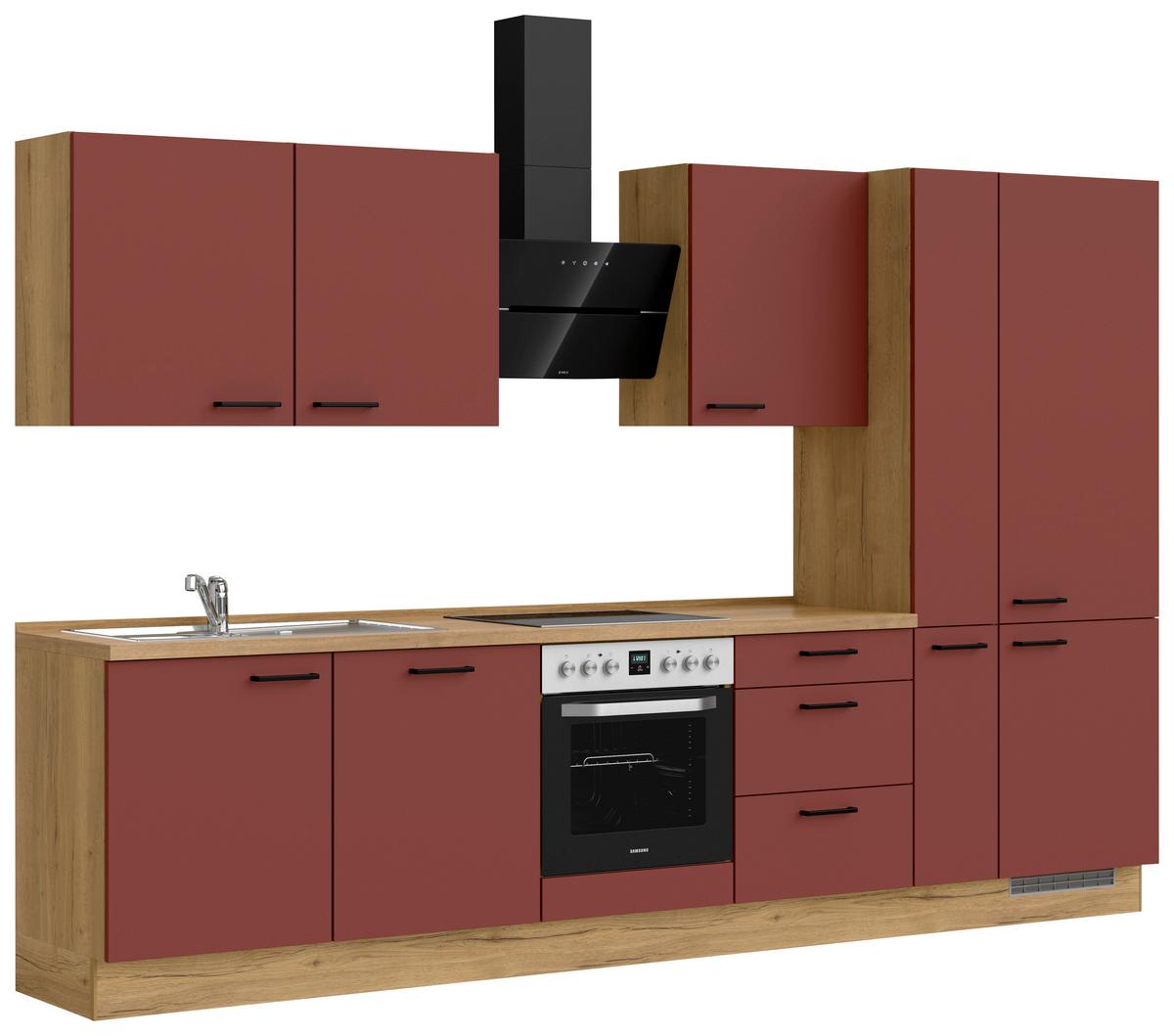 Küchenblock Easytouch High m. Geräten Dunkelrot - Eichefarben/Schwarz, MODERN, Holzwerkstoff/Metall (330cm) - Nobilia