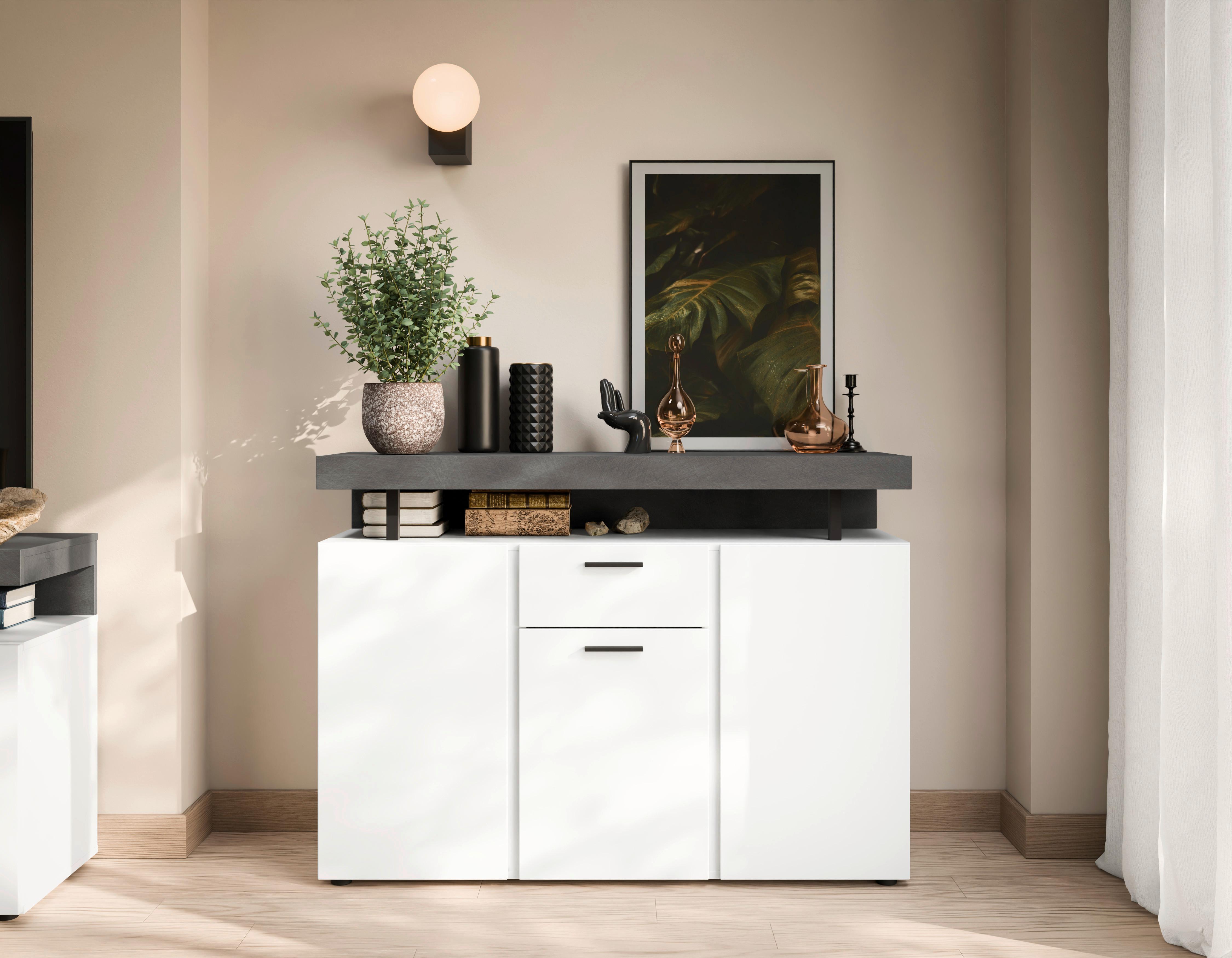 Komoda Fly, Bela, Temno Siva - temno siva/črna, Trend, umetna masa/leseni material (124/90/39,6cm)