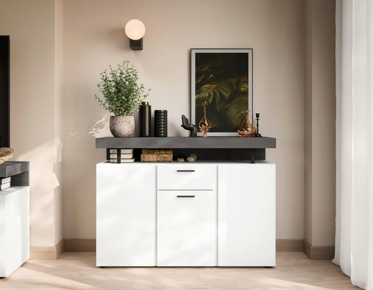 Komoda Fly, Bela, Temno Siva - temno siva/črna, Trend, umetna masa/leseni material (124/90/39,6cm)