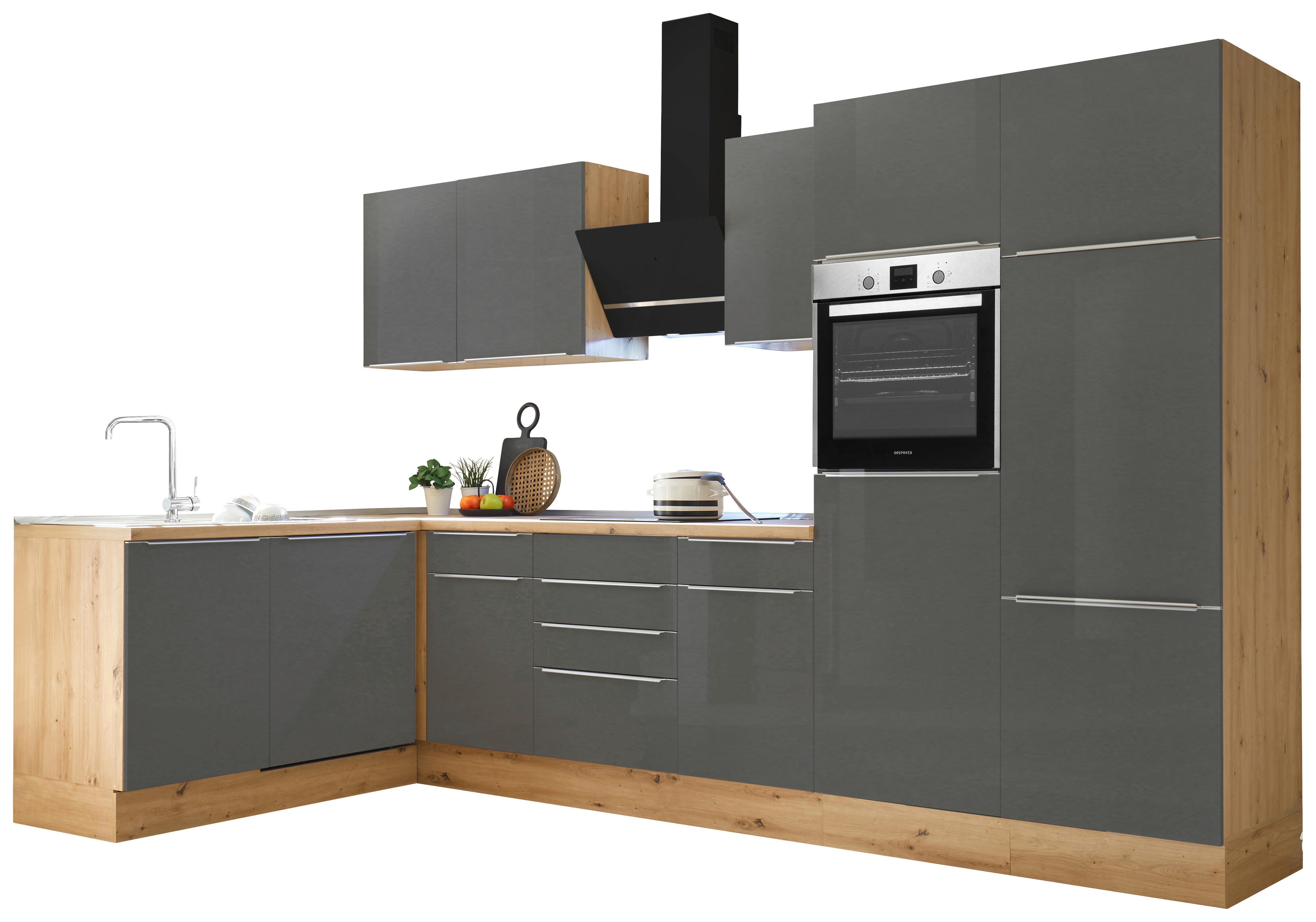 Eckküche Marleen mit Geräten Grau/Eiche ca. 340x170 cm - Anthrazit/Alufarben, LIFESTYLE, Holzwerkstoff/Kunststoff (170/340cm) - Respekta