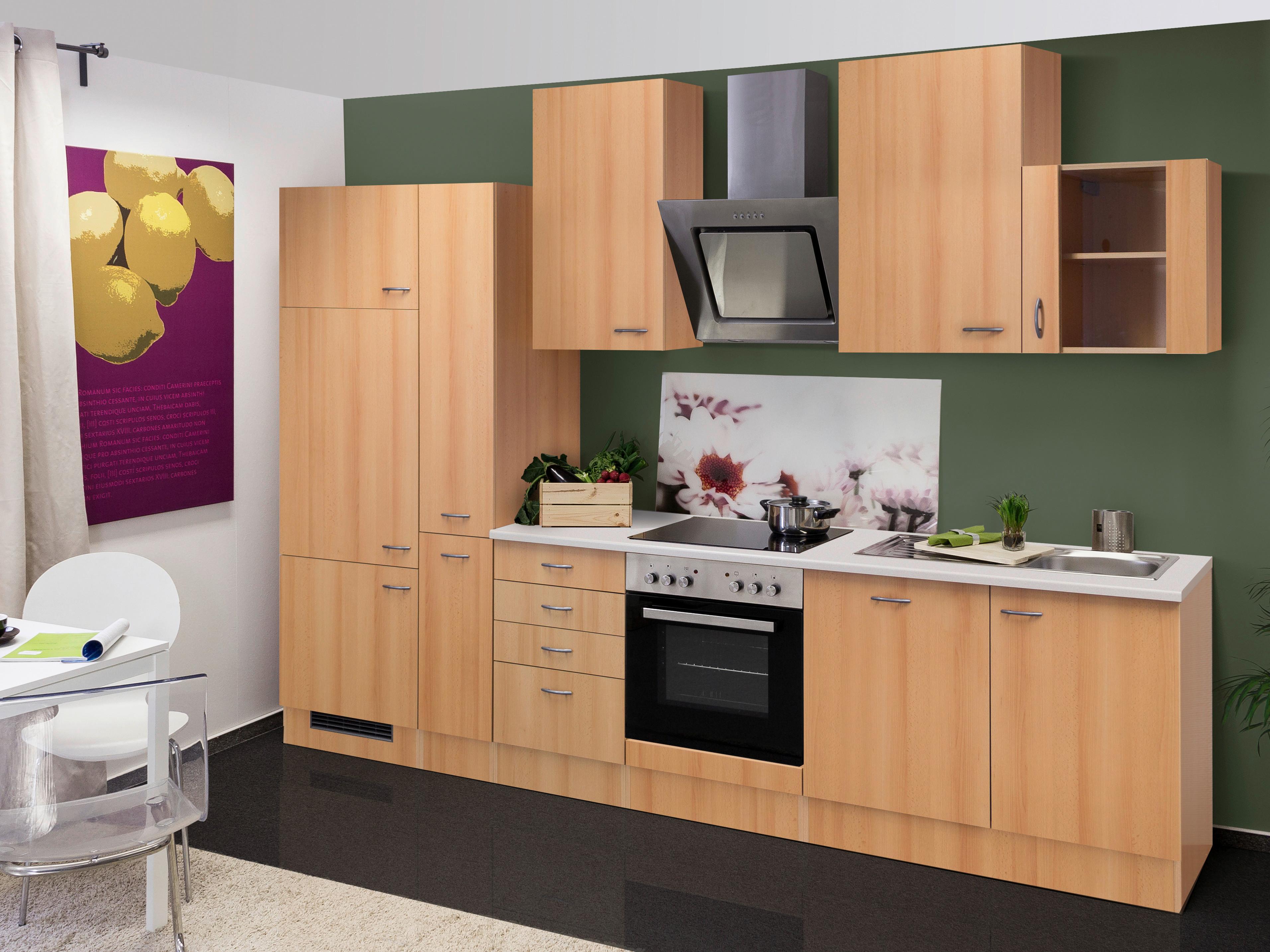 Küchenblock Nano mit Geräten ca. 310 cm Buchefarben - Edelstahlfarben/Beige, MODERN, Holzwerkstoff/Kunststoff (310cm) - FlexWell