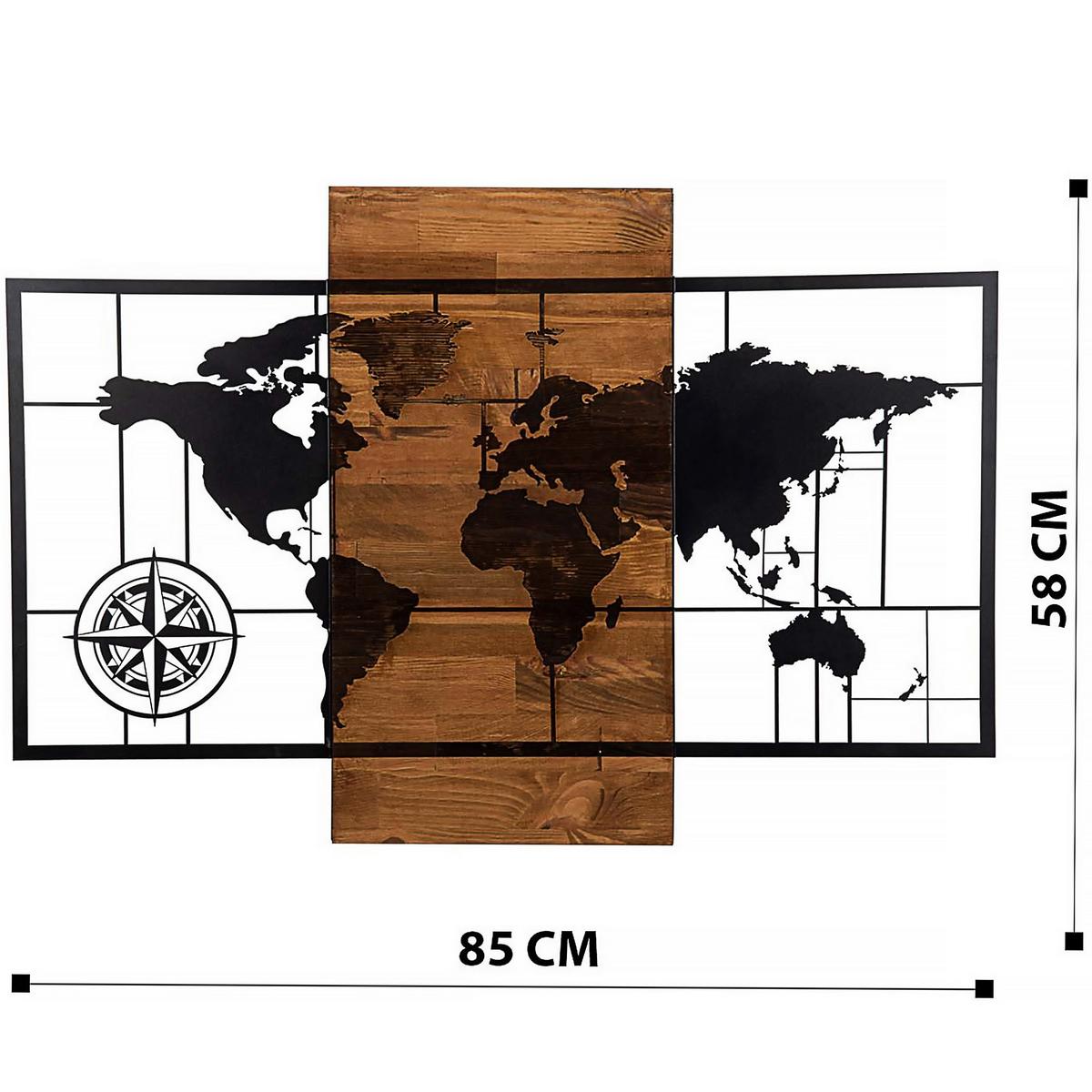 OBRAZ PRZESTRZENNY WORLD MAP WITH COMPASS - czarny/brązowy, Basics, materiał drewnopochodny (85/58cm)