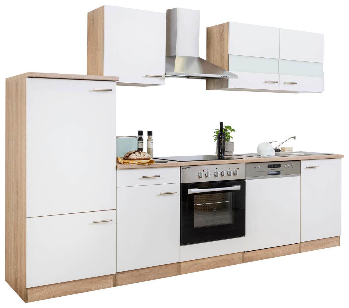 Küchenzeile ohne Geräte Weiß/Eiche B: ca. 280 cm - Eichefarben/Silberfarben, Basics, Holzwerkstoff/Metall (280/200/60cm) - Respekta