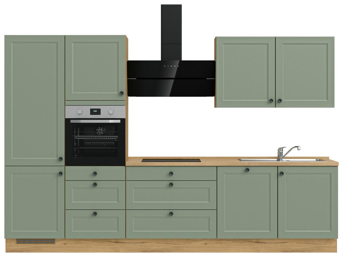 Küchenblock Cascada High m. Geräten Schilfgrün - Schilfgrün/Eichefarben, MODERN, Holzwerkstoff/Metall (330cm) - Nobilia