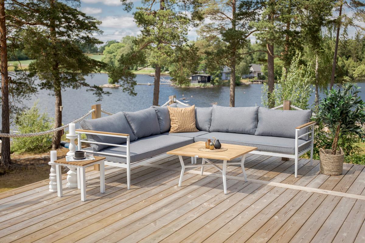 Loungegarnitur Mexico ca. 233x233 cm Alu Weiß/Teak - Weiß, KONVENTIONELL, Holz/Metall (233/233cm) - Gardenson