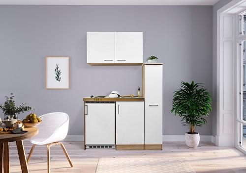 Miniküche Weiß/Eiche m. Geräten B: ca. 130cm - Edelstahlfarben/Eichefarben, MODERN, Holzwerkstoff (130cm) - Respekta