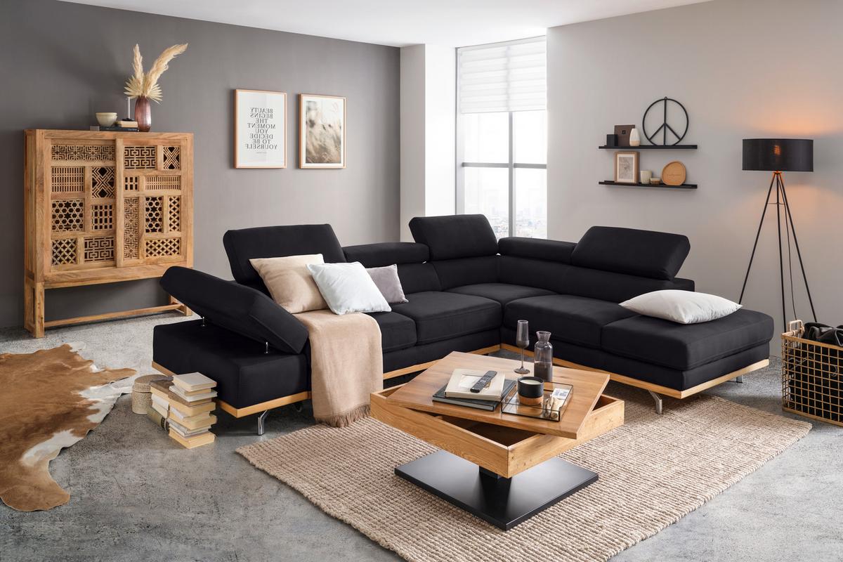 Wohnlandschaft Carmen rechts Dunkelbraun - Dunkelbraun/Schwarz, MODERN, Leder/Holz (292/72/226cm) - Premium Living