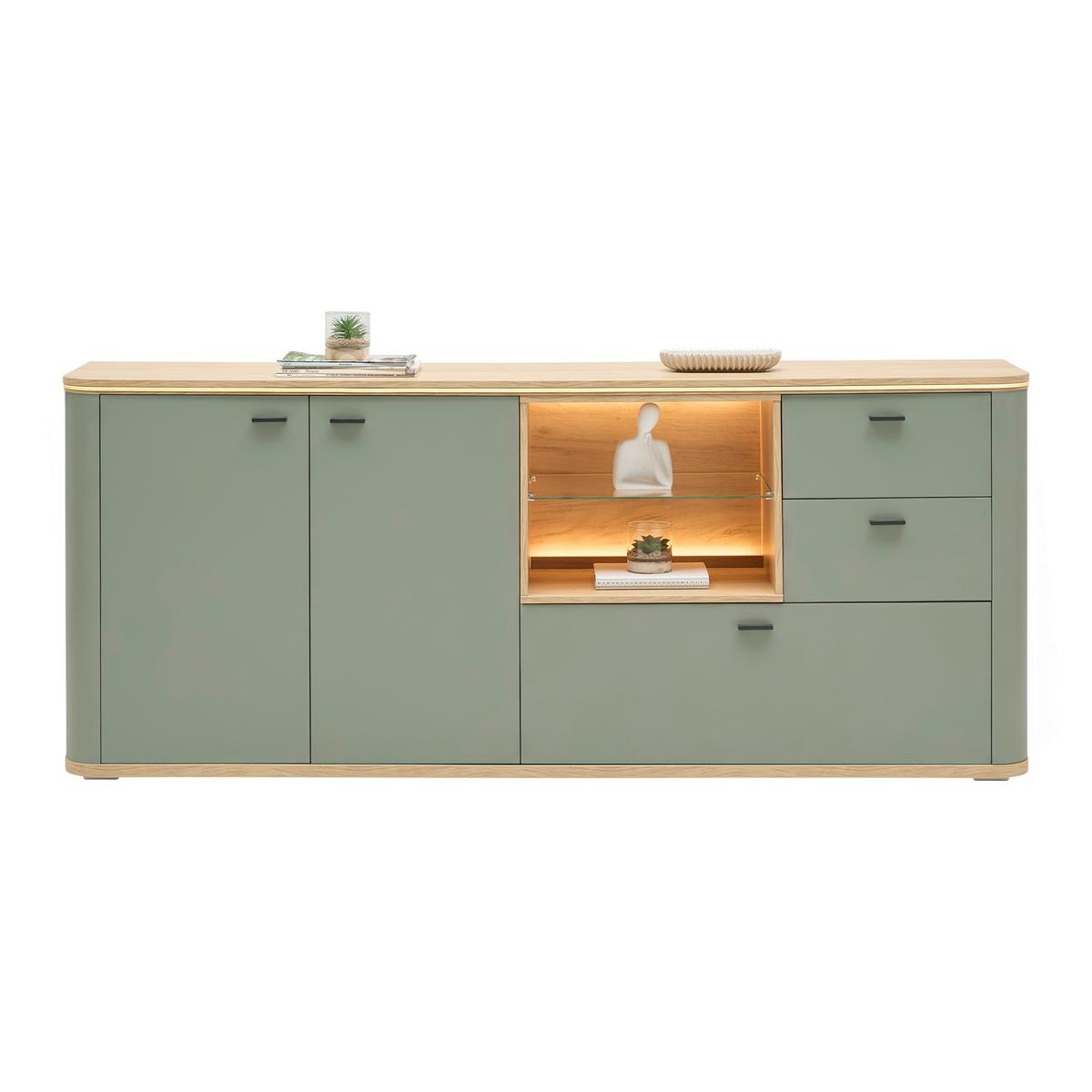 Sideboard Lagos Salbeigrün/Eiche Artisan - Salbeigrün/Anthrazit, Modern, Glas/Holzwerkstoff (210,2/87,5/42,5cm) - Premium Living