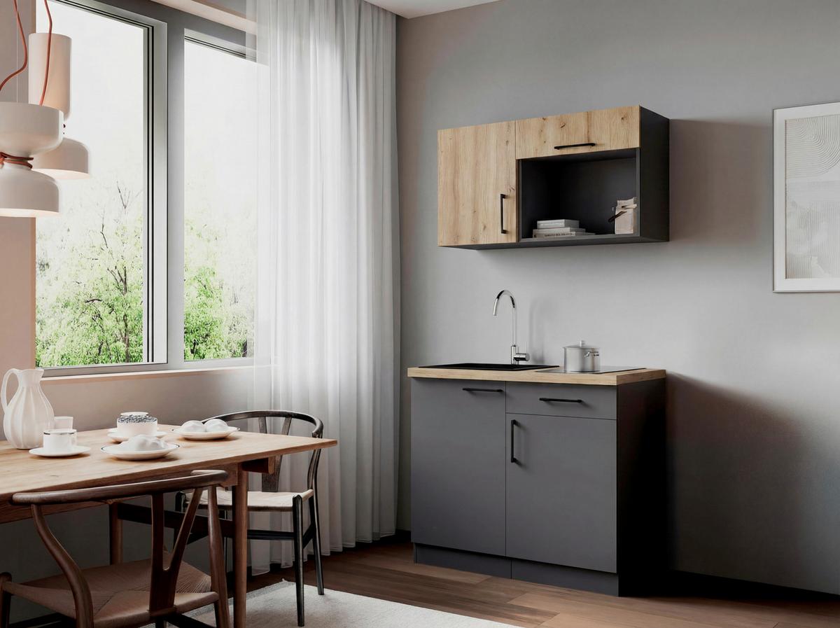Miniküche Oliver m. Gerät ca. 100cm Grau - Eiche Artisan/Grau, Trend, Holzwerkstoff/Metall (100cm) - Respekta