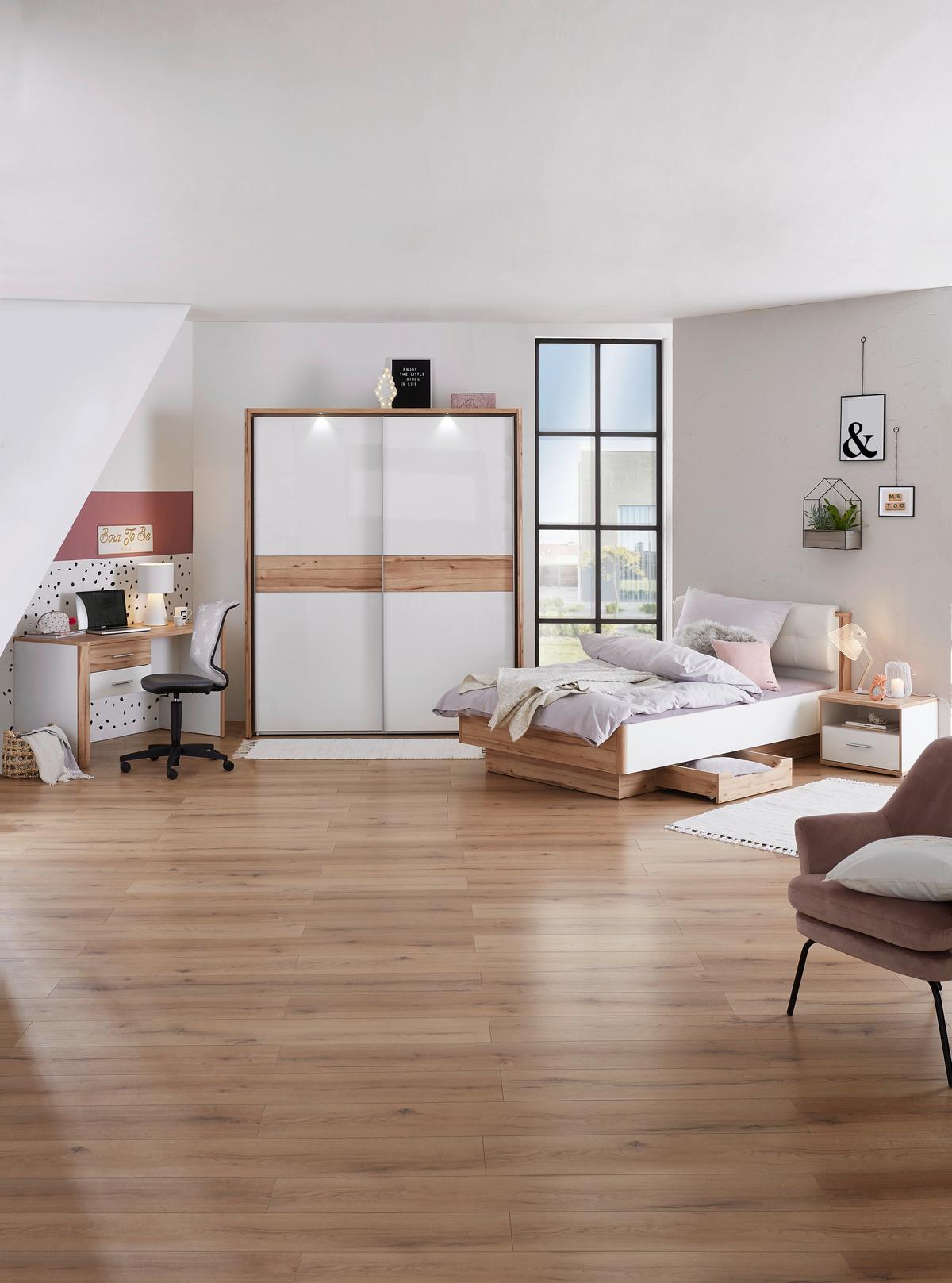 Postelja Tess, Bela, Barva Hrasta, 120x200 - barve hrasta/bela, Moderno, leseni material (120/200cm) - Xora