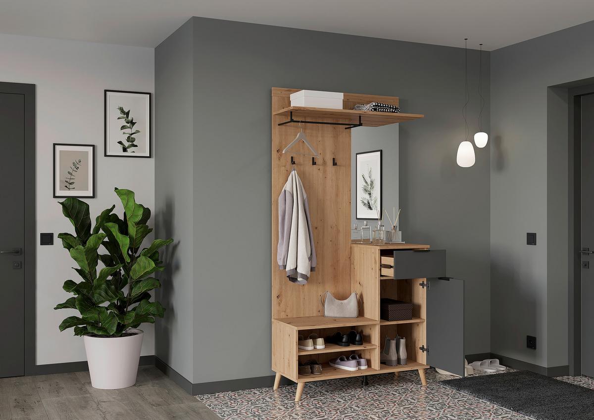 PRZEDPOKÓJ NORDIC - kolor grafitowy/dąb artisan, Design, materiał drewnopochodny/szkło (100/202/40cm) - home24