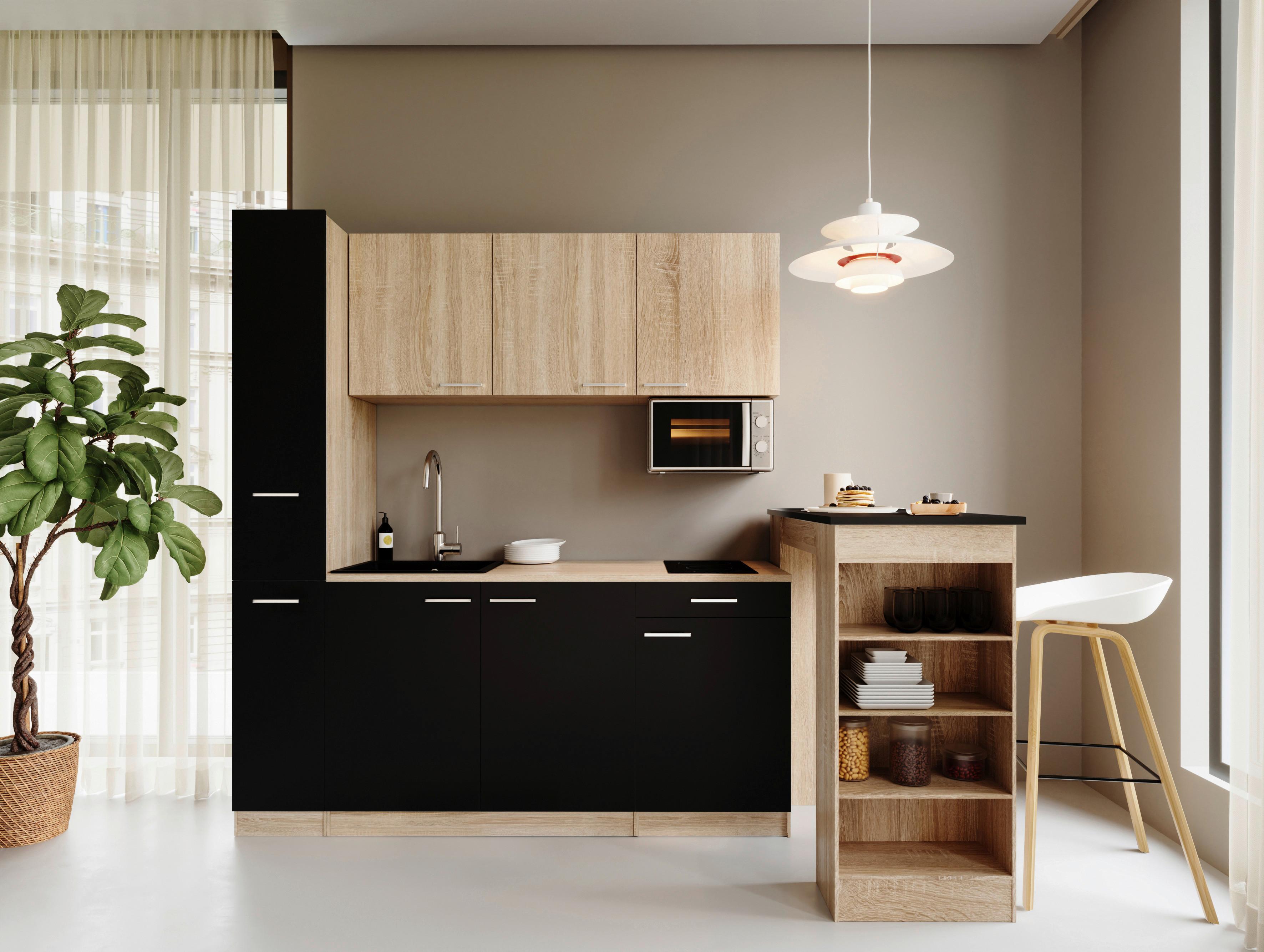 Küchenblock Ingrid m. Geräten Schwarz - Eichefarben/Schwarz, Design, Holzwerkstoff/Kunststoff (180cm) - Respekta
