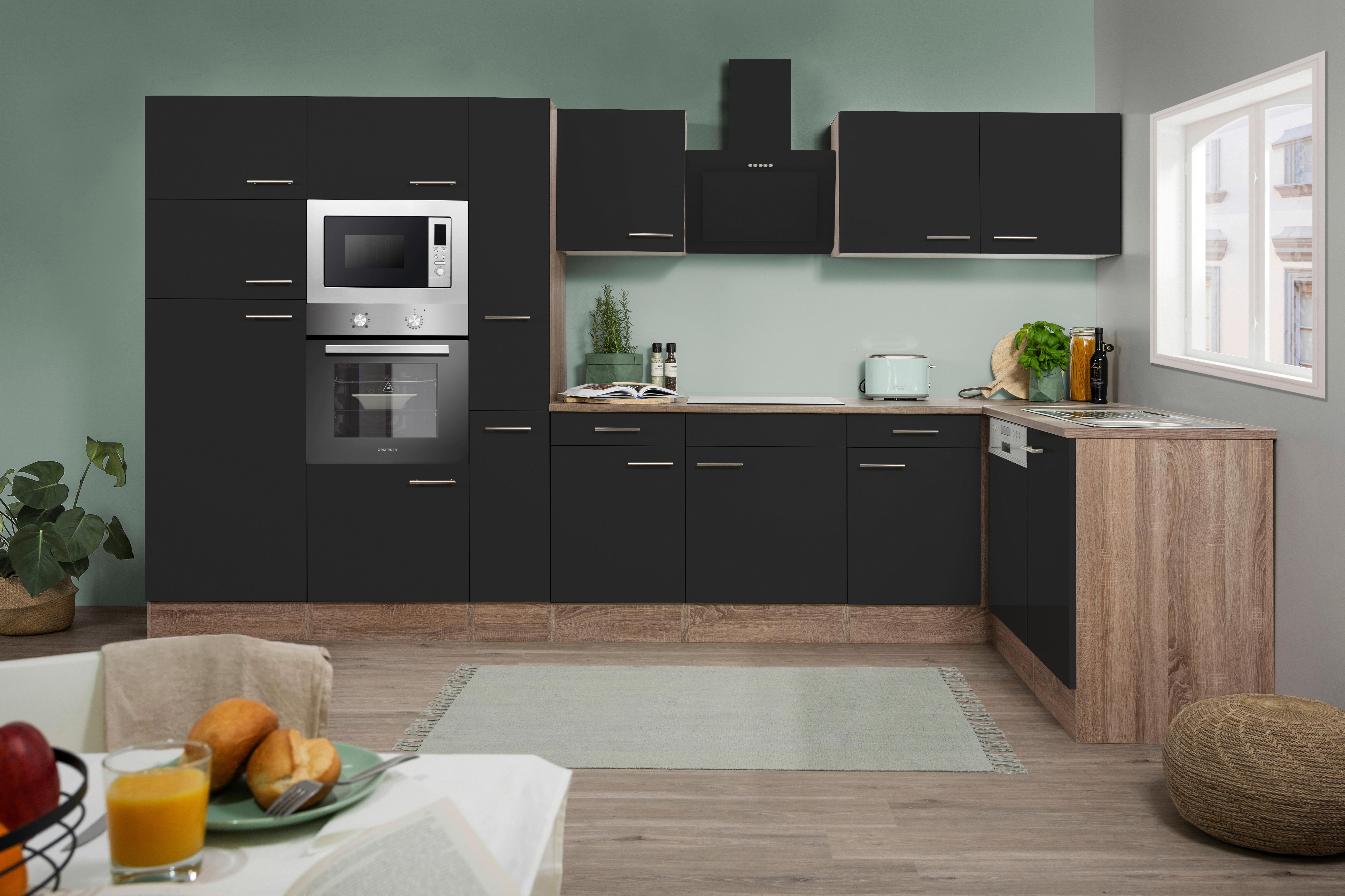 Eckküche Oliver mit Geräten ca. 370x172 cm Schwarz - Eichefarben/Schwarz, Basics, Holzwerkstoff/Metall (370/172cm) - Respekta