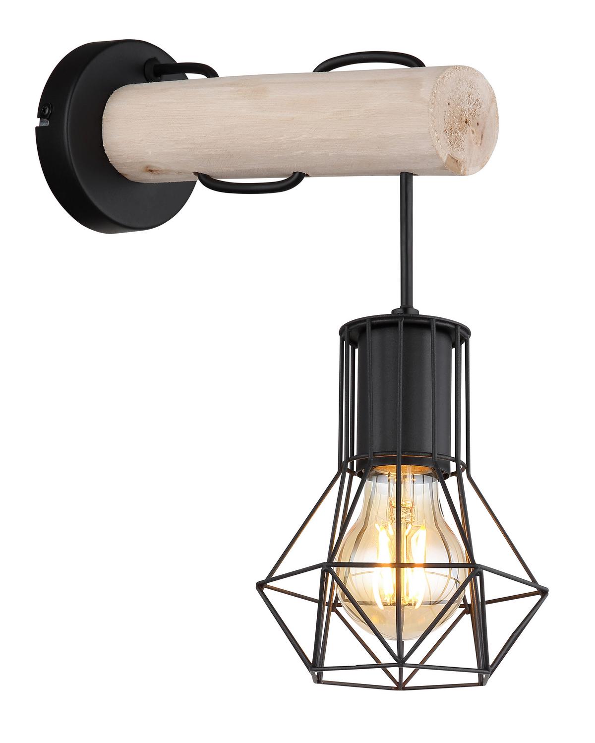 Wandleuchte Priska Naturfarben/Schwarz max.40Watt - Schwarz/Naturfarben, Natur, Holz/Metall (13,3/27/32cm) - Globo