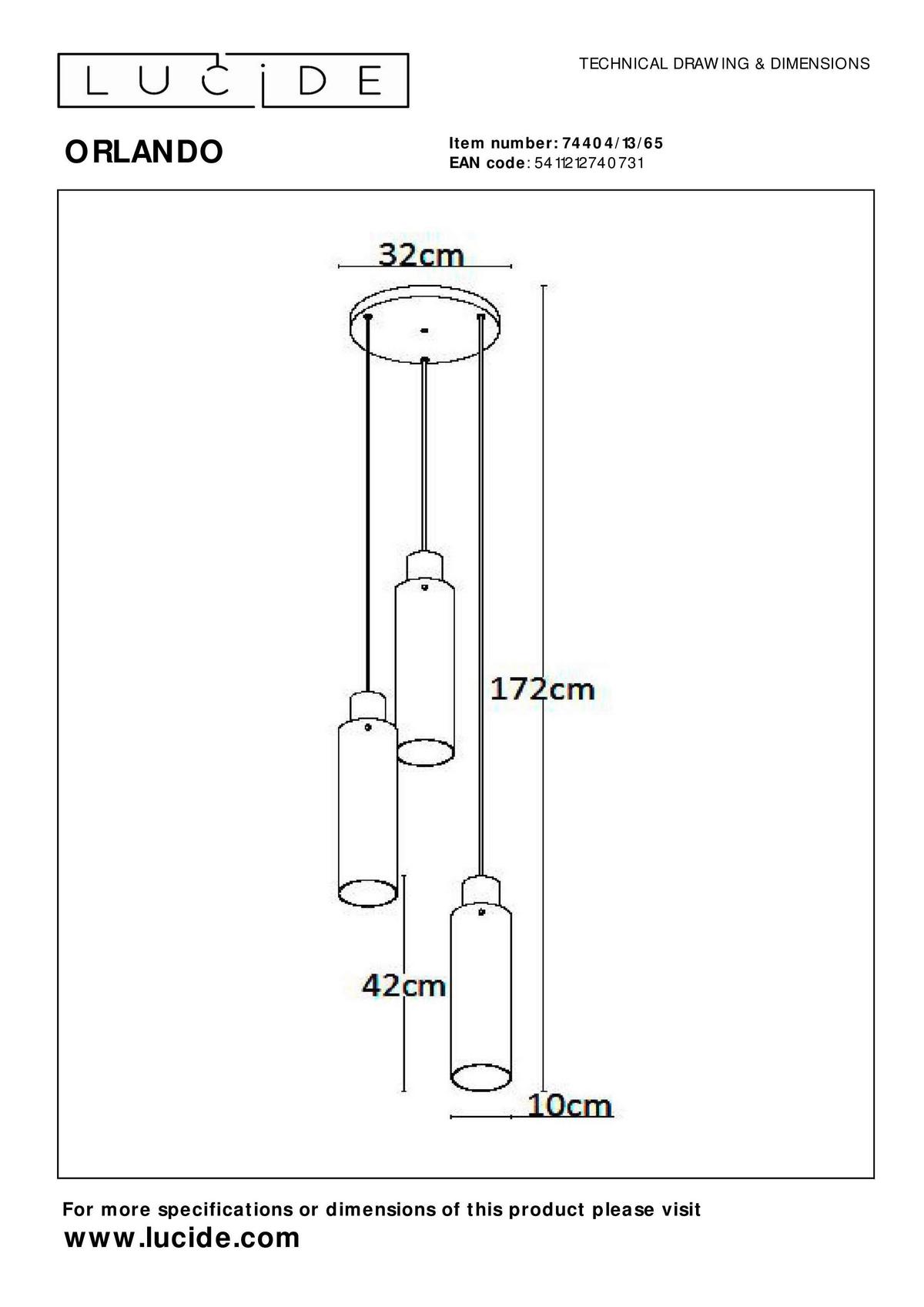 LAMPA WISZĄCA 74404/13/65 ORLANDO - jasnoszary, Design, szkło (32/32/172cm) - Lucide