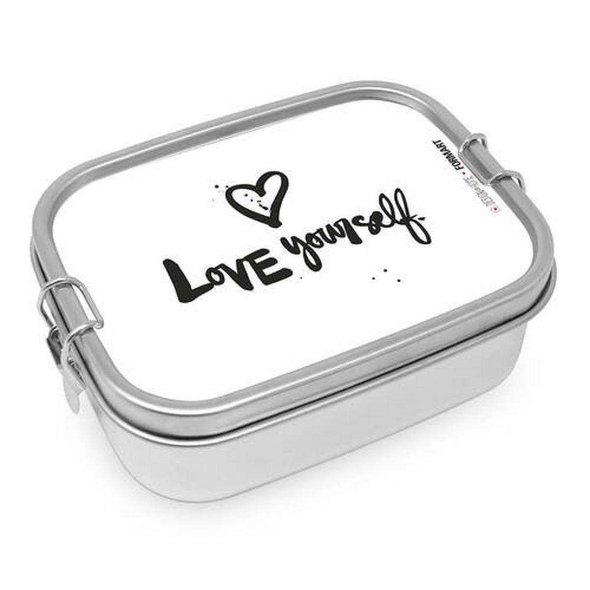Lunchbox Love yourself aus Edelstahl - Schwarz/Weiß, MODERN, Metall (14/16,5/5,8cm)