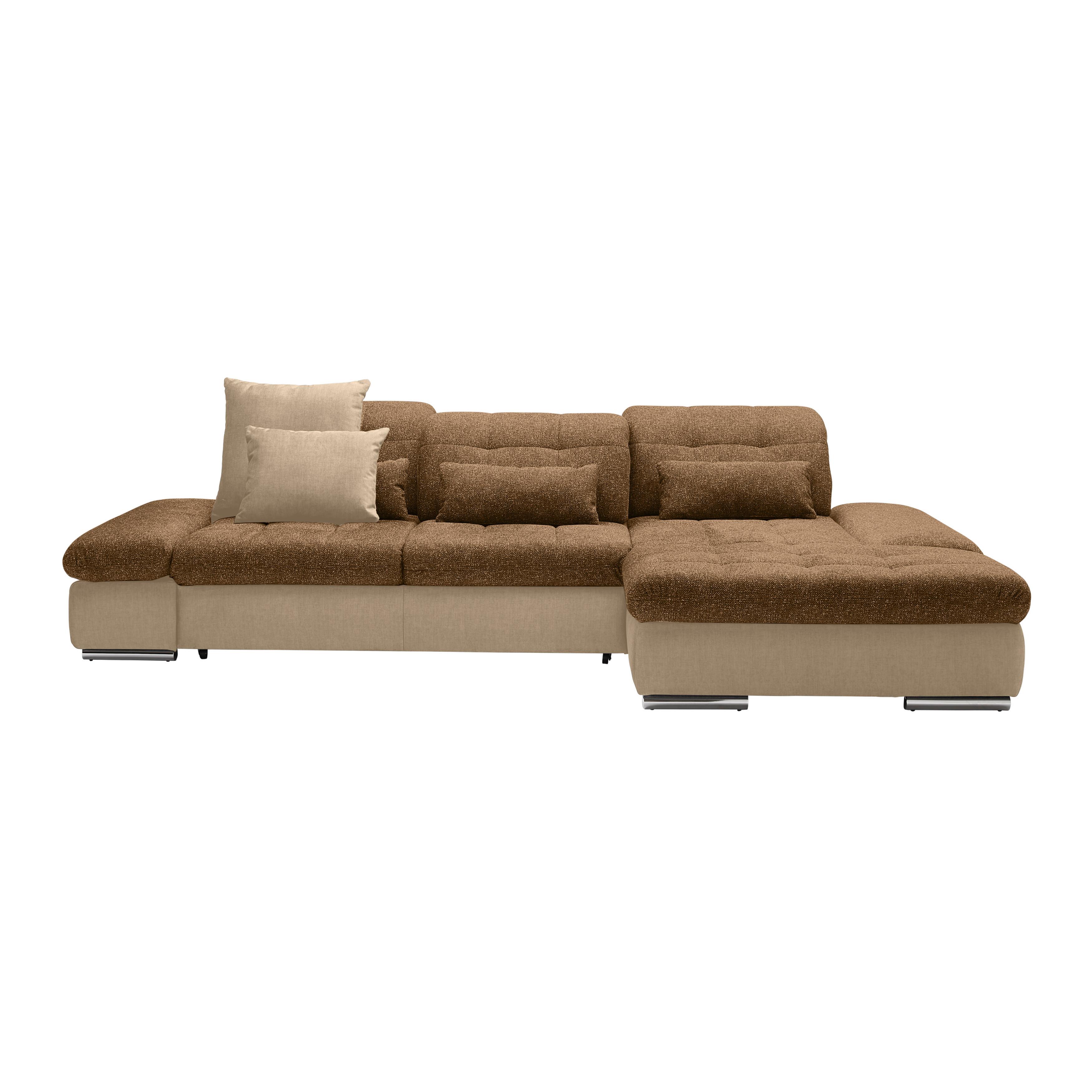 Wohnlandschaft Sanfino Taupe/Cognac - Taupe/Chromfarben, KONVENTIONELL, Holz/Textil (305/79-96/199cm) - Premium Living
