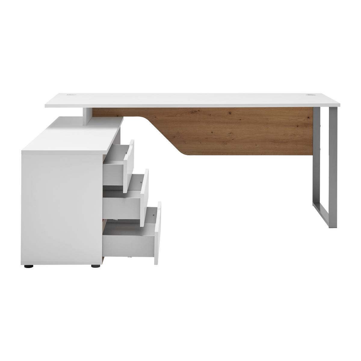 Eckschreibtisch Dallas Silber/Weiss/Eiche Artisan - Weiss/Silberfarben, Modern, Holzwerkstoff/Metall (180/77/160cm) - Mömax