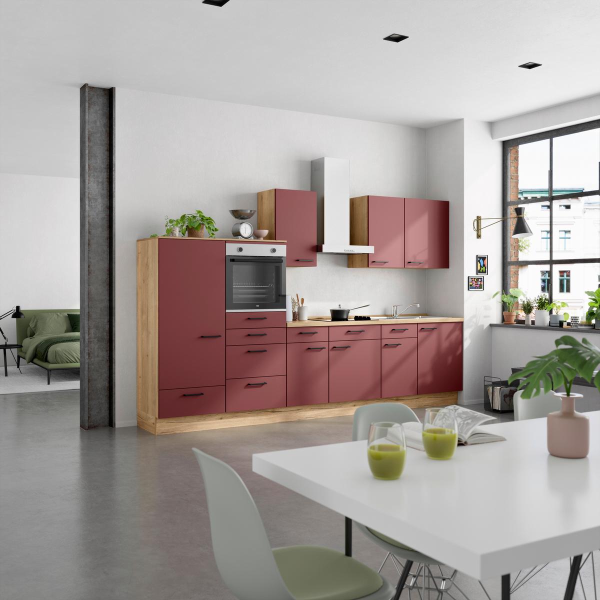 Küchenblock Easytouch Low m. Geräten Dunkelrot - Eichefarben/Schwarz, MODERN, Holzwerkstoff/Metall (330cm) - Nobilia