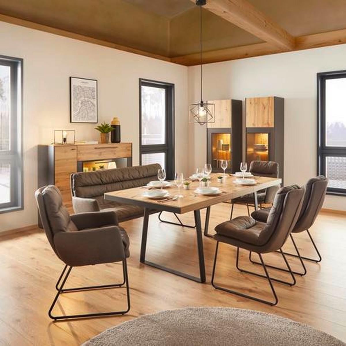 Ausziehtisch in Eichefarben - Eichefarben/Schwarz, Modern, Holzwerkstoff/Metall (160-205/90/76cm) - Premium Living