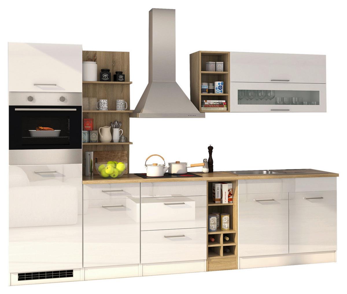 Küchenleerblock Mailand m. Geräte Weiß Hochglanz - Weiß Hochglanz/Silberfarben, MODERN, Holzwerkstoff/Metall (300cm) - Held