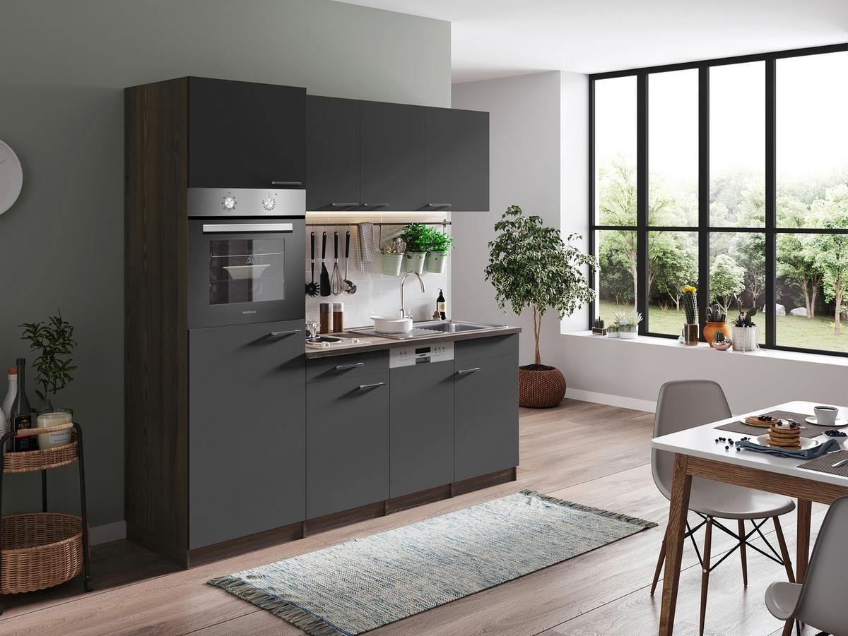 Küchenblock Oliver mit Geräten ca. 205 cm Grau - Eichefarben/Alufarben, Basics, Holzwerkstoff/Kunststoff (205cm) - Respekta