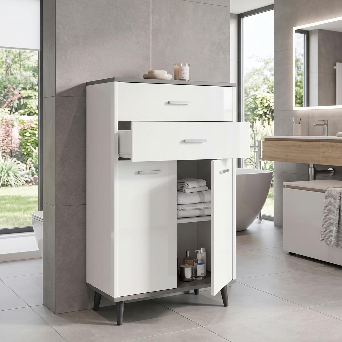 Highboard Lindas Weiß/Anthrazit - Eiche dunkel/Eichefarben, MODERN, Holzwerkstoff/Metall (60/97/28cm) - MID.YOU