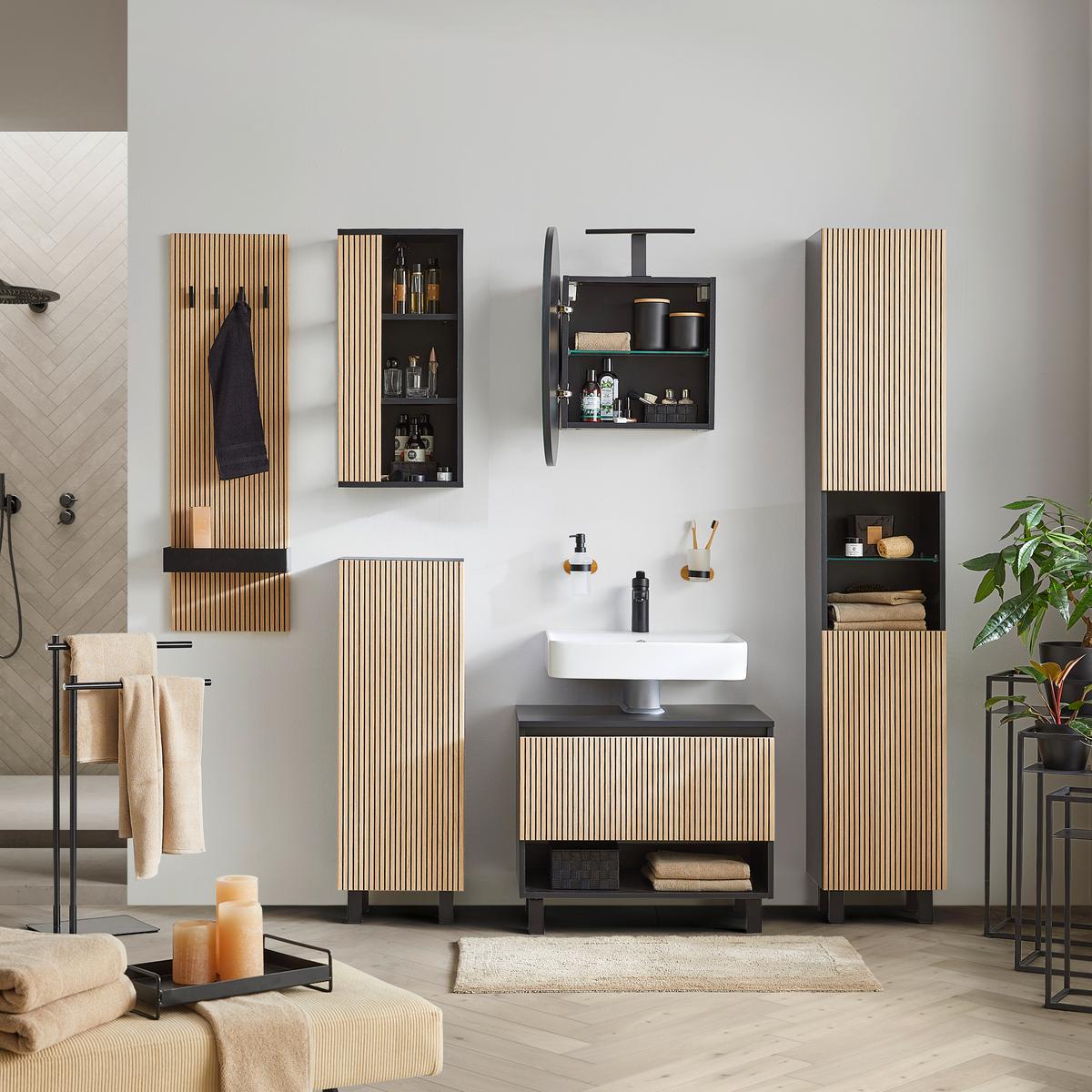 Hochschrank Venezia in Schwarz/Eichefarben - Eichefarben/Schwarz, Lifestyle, Glas/Holzwerkstoff (35/195/32cm) - Mömax