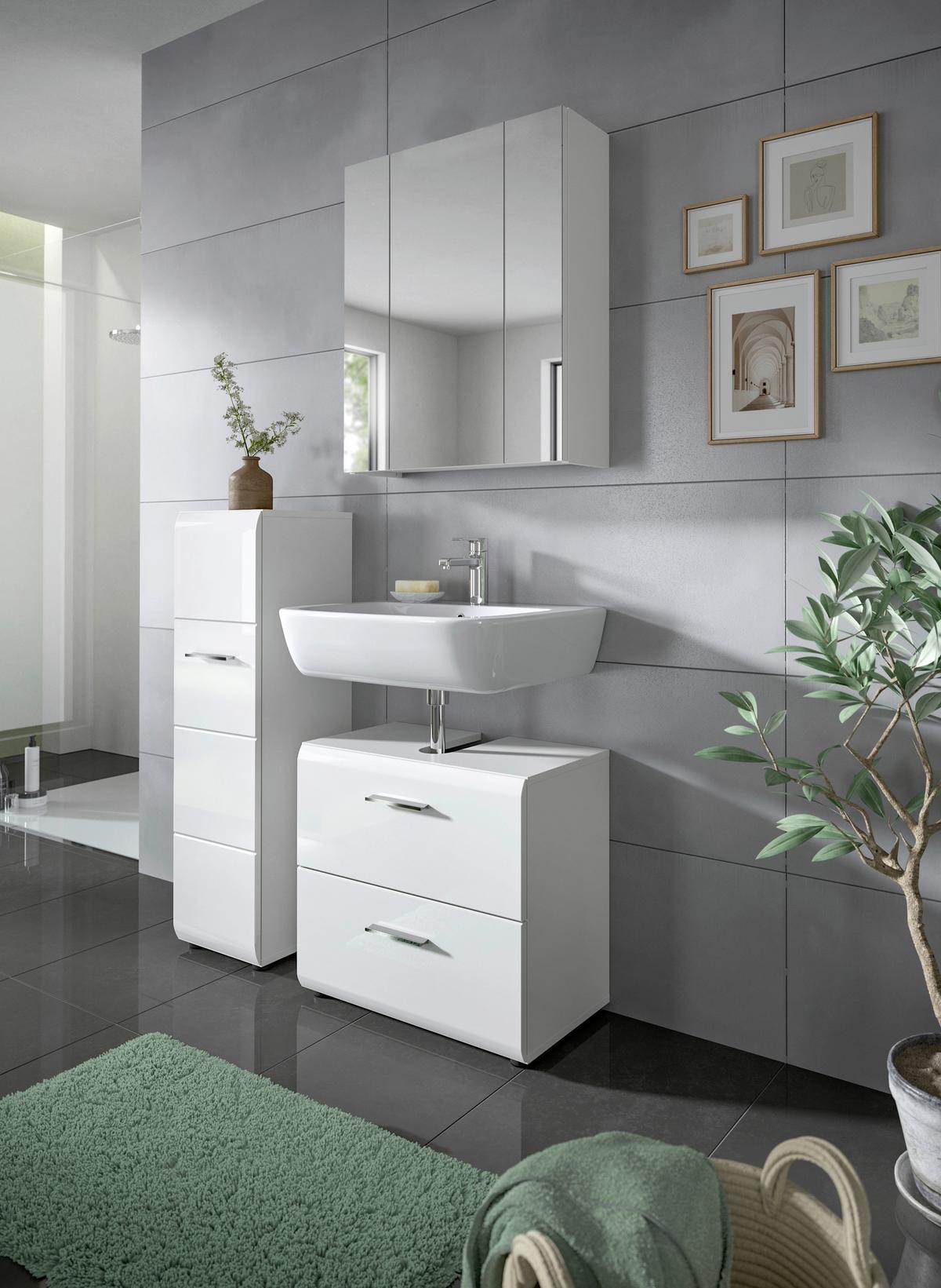 Badezimmer Ice 3-tlg. ca. 90 cm Weiß - Weiß Hochglanz/Silberfarben, MODERN, Holzwerkstoff/Kunststoff (90cm) - MID.YOU