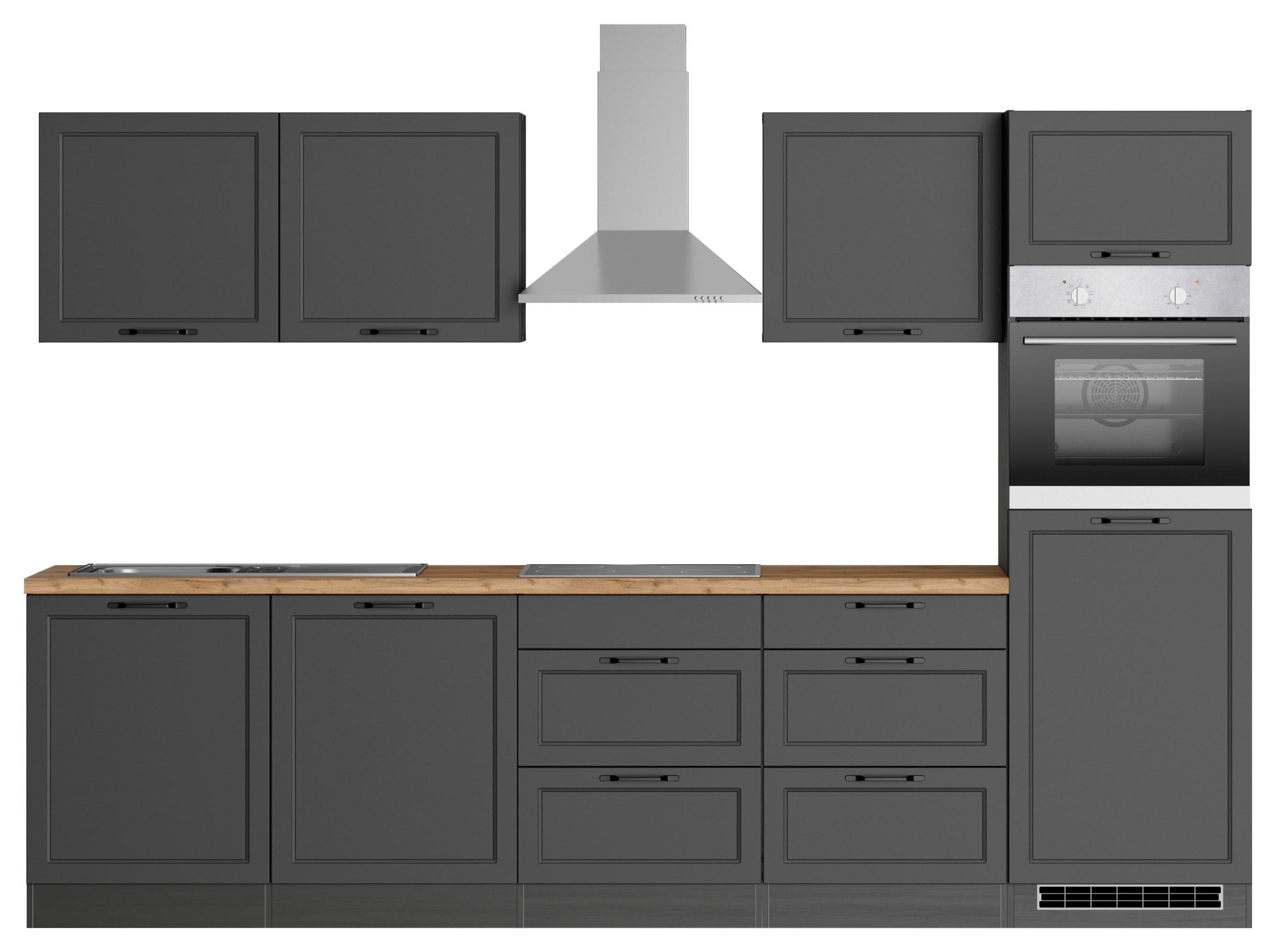 Küchenzeile Meran mit Geräten ca. 300 cm Grau/Eiche Dekor - Eiche Wotan/Schwarz, LIFESTYLE, Holzwerkstoff/Metall (300cm) - Held