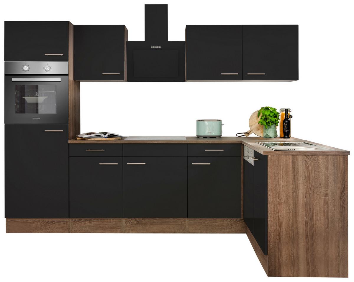 Eckküche Oliver mit Geräten ca. 280x172 cm Schwarz - Eichefarben/Schwarz, Basics, Holzwerkstoff/Metall (280/172cm) - Respekta