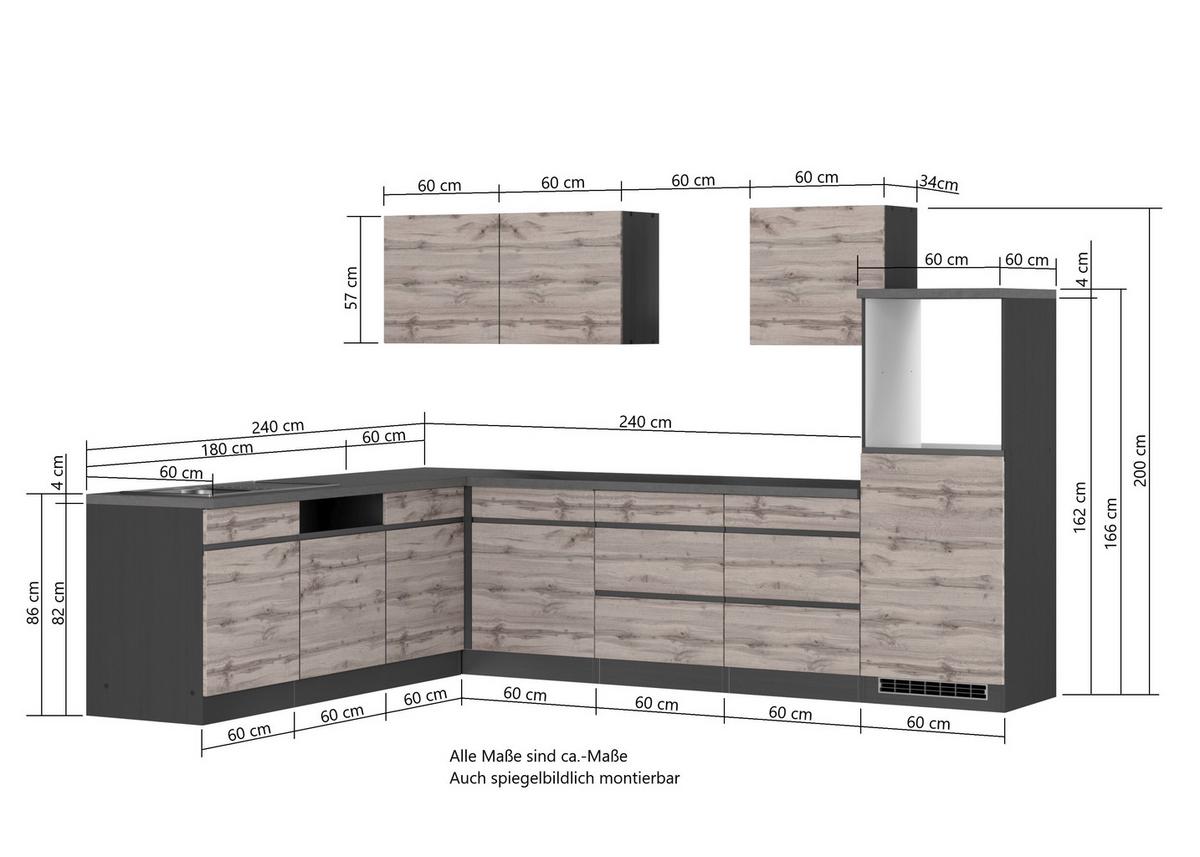 Eckküche Turin ohne Geräte ca. 240x300 cm Graphit/Eiche - Eiche Wotan/Graphitfarben, Design, Holzwerkstoff (240/300cm) - Held