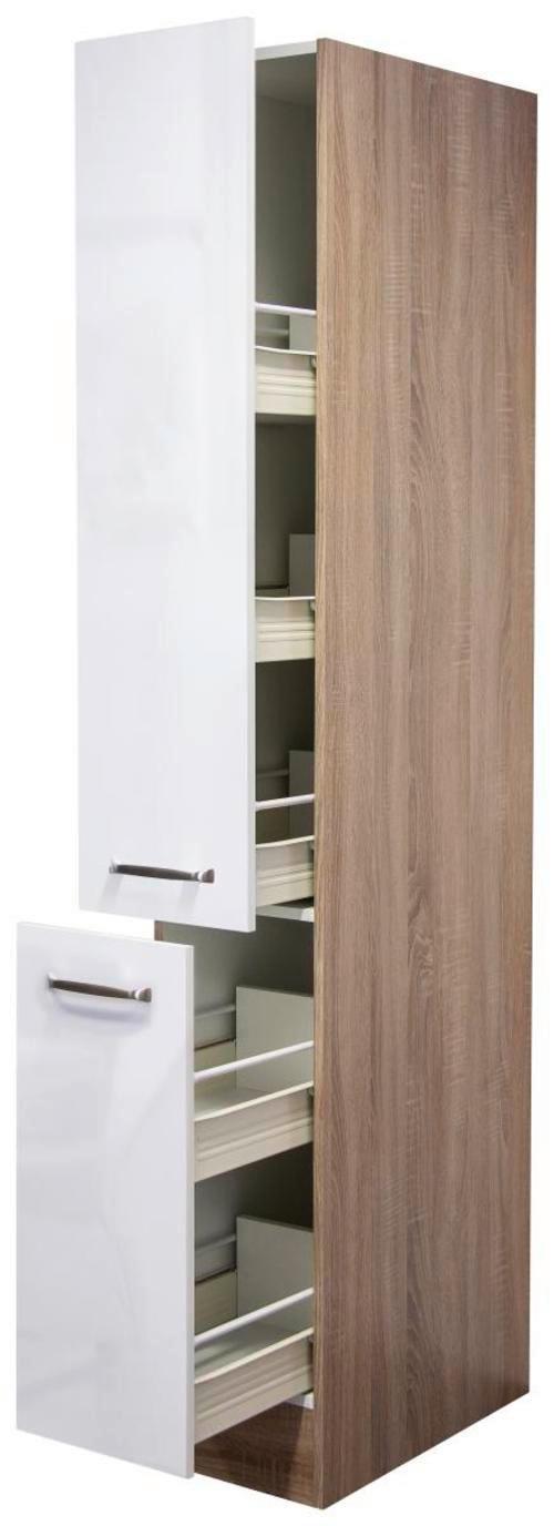 Apothekerschrank Weiß Hochglanz/Eiche - Edelstahlfarben/Weiß Hochglanz, MODERN, Holzwerkstoff/Metall (30/200/57cm) - FlexWell