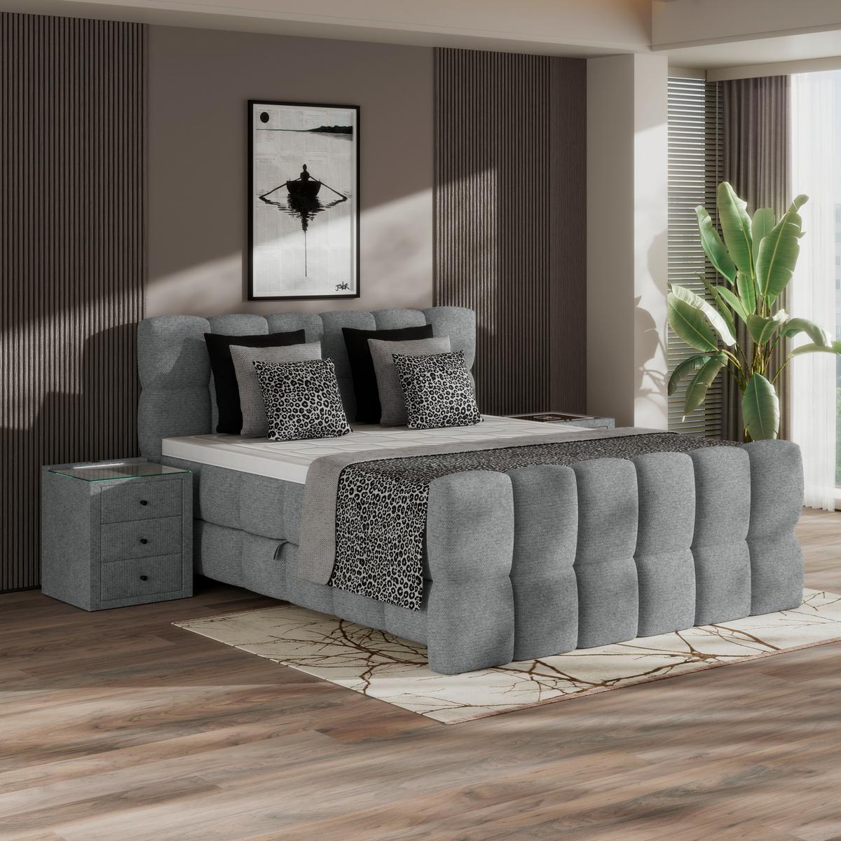 Postelja Boxspring Brisbane, Siva, 160x200 - siva/črna, Trend, kovina/umetna masa (160/200cm) - Premium Living