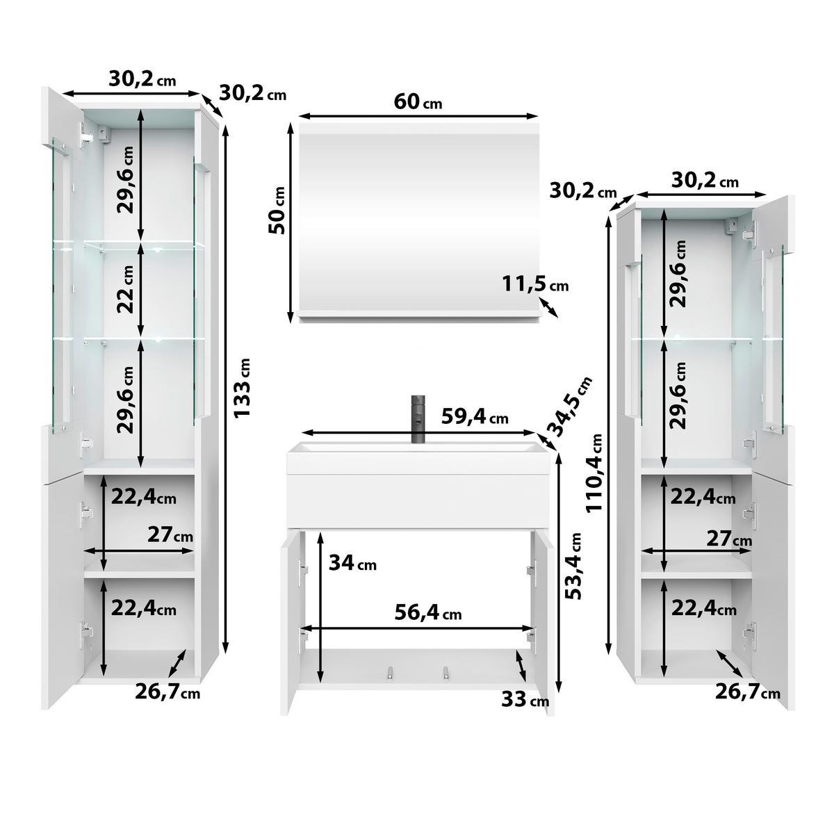 Badezimmer-Set Narobi 5-tlg. mit LED ca. 120 cm Weiß - Weiß Hochglanz/Weiß, Trend, Glas/Keramik (120,4cm) - P & B