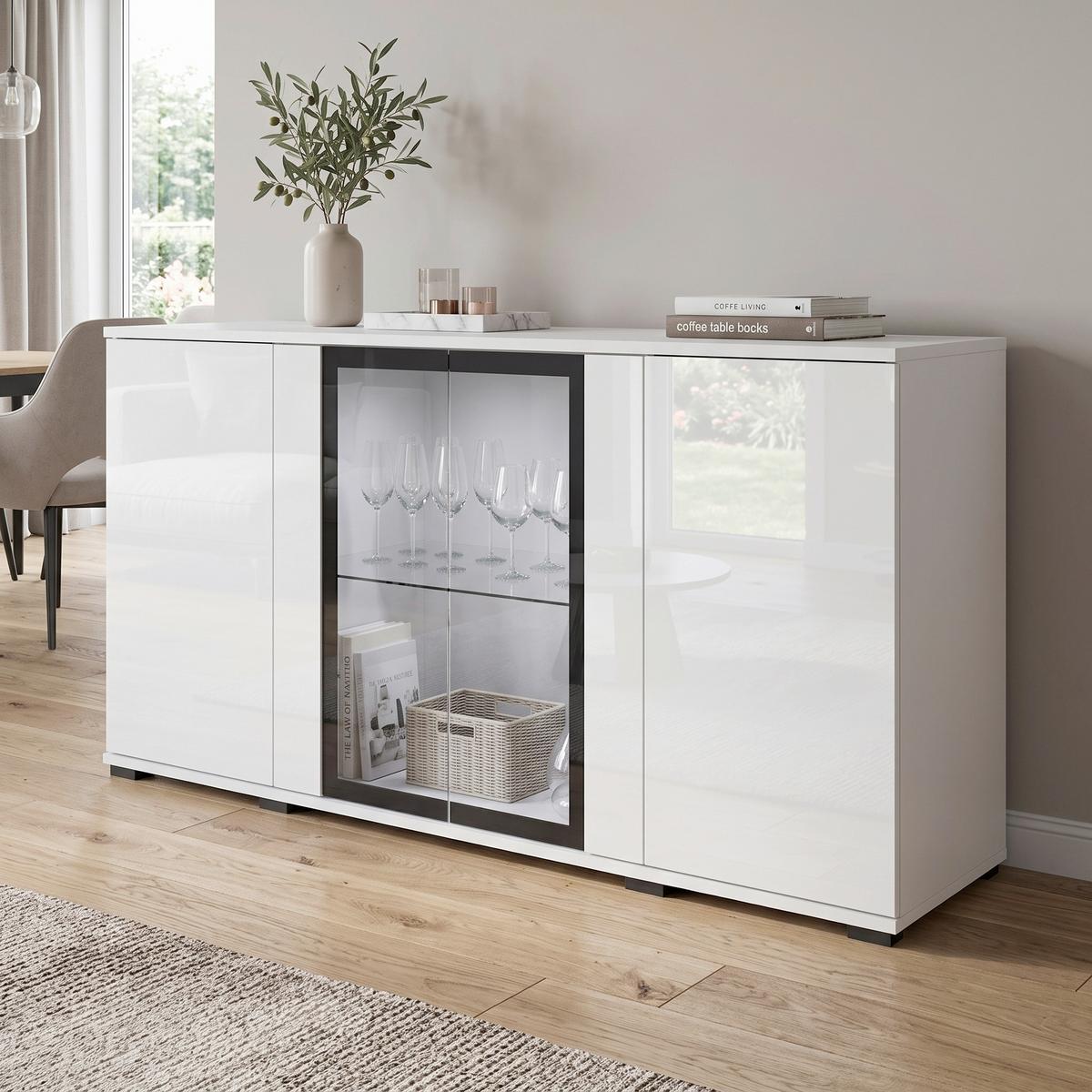 Tálalószekrény Caro 150 - fehér/magasfényű fehér, Design, műanyag/faalapú anyag (150/69,7/39,5cm) - P & B