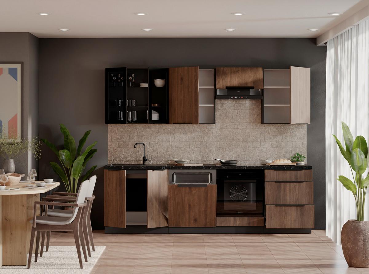 Blok Kuhinja Monza - boje oraha/crna, Moderno, staklo/drvni materijal (260/210/60cm) - Modern Living