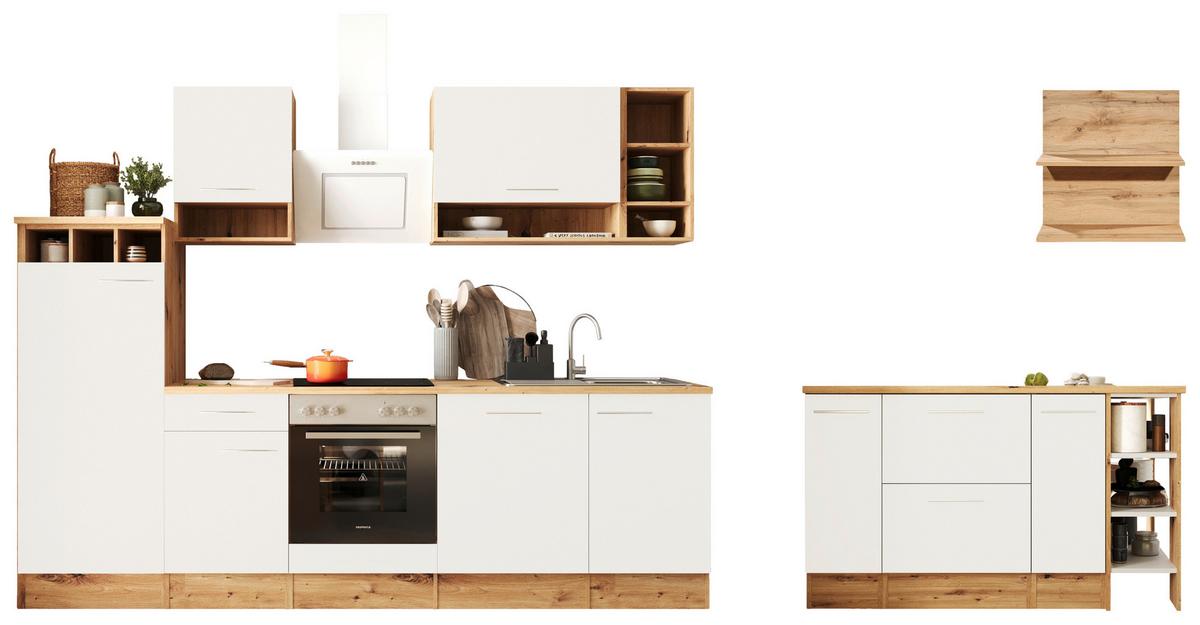 Küchenblock Hilde m. Insel m. Geräten ca.280cm Weiß/Eiche - Wildeiche/Alufarben, Design, Holzwerkstoff/Metall (280-150cm) - Respekta
