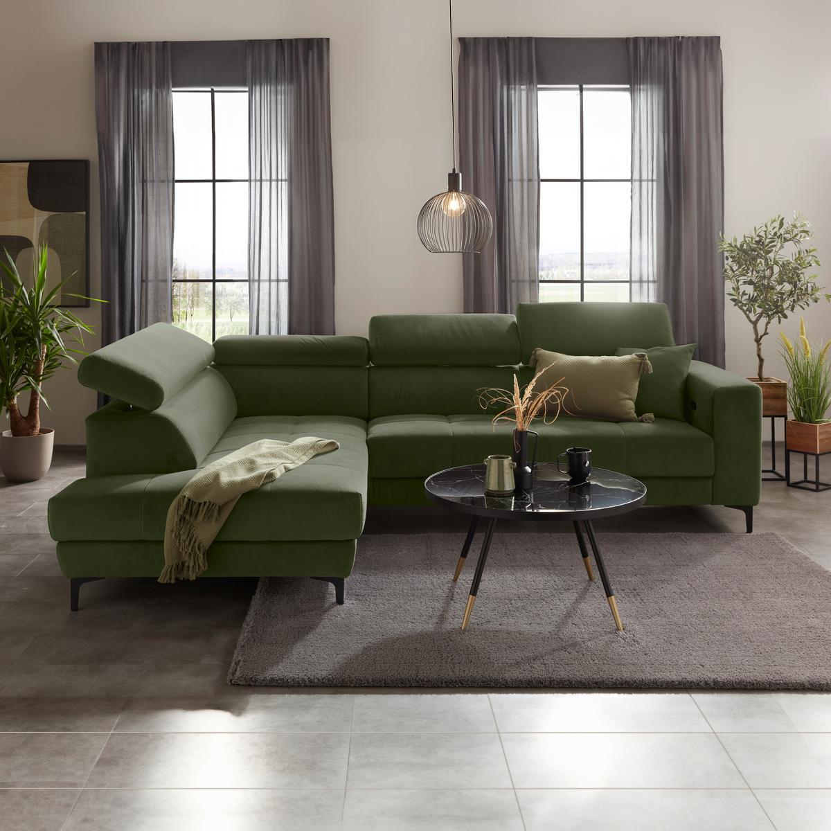 Ecksofa Emma links Olivgrün - Schwarz/Olivgrün, MODERN, Textil (210/47/301cm) - Premium Living