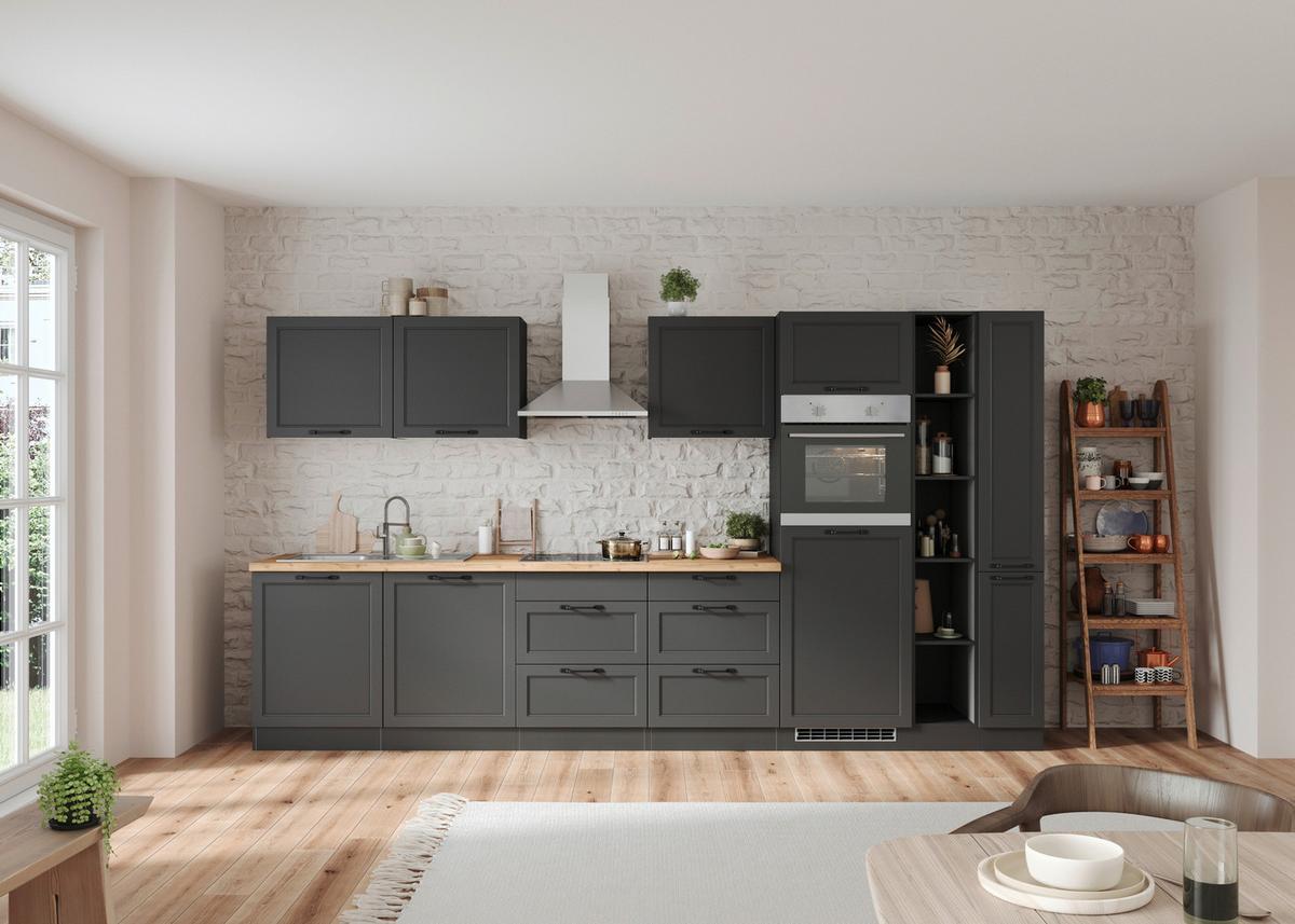 Küchenzeile Meran ohne Geräte ca. 360 cm Grau/Eiche Dekor - Eiche Wotan/Schwarz, LIFESTYLE, Holzwerkstoff/Metall (360cm) - Held