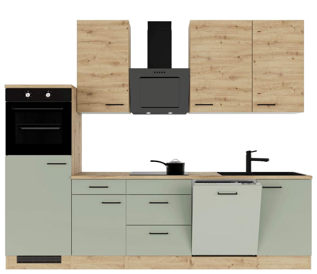 Küchenblock Cara mit Geräten ca. 280 cm Grün/Eiche - Schilfgrün/Schwarz, Basics, Holzwerkstoff/Metall (280cm) - FlexWell